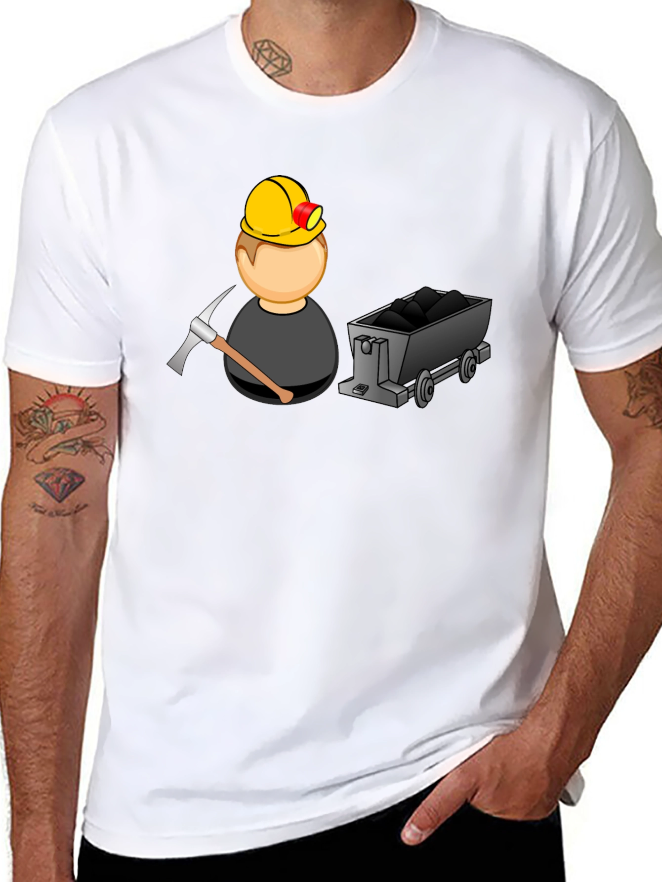 Cartoon Miner Graphic Tee - Black Cotton T-Shirt