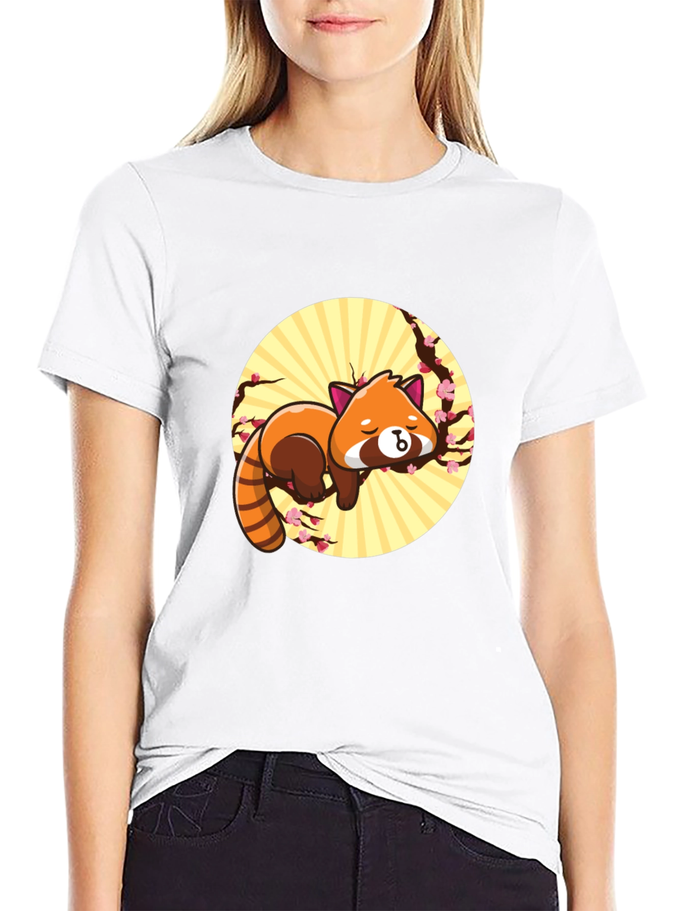 Cute Red Panda Sleeping on Branch - Black T-shirt