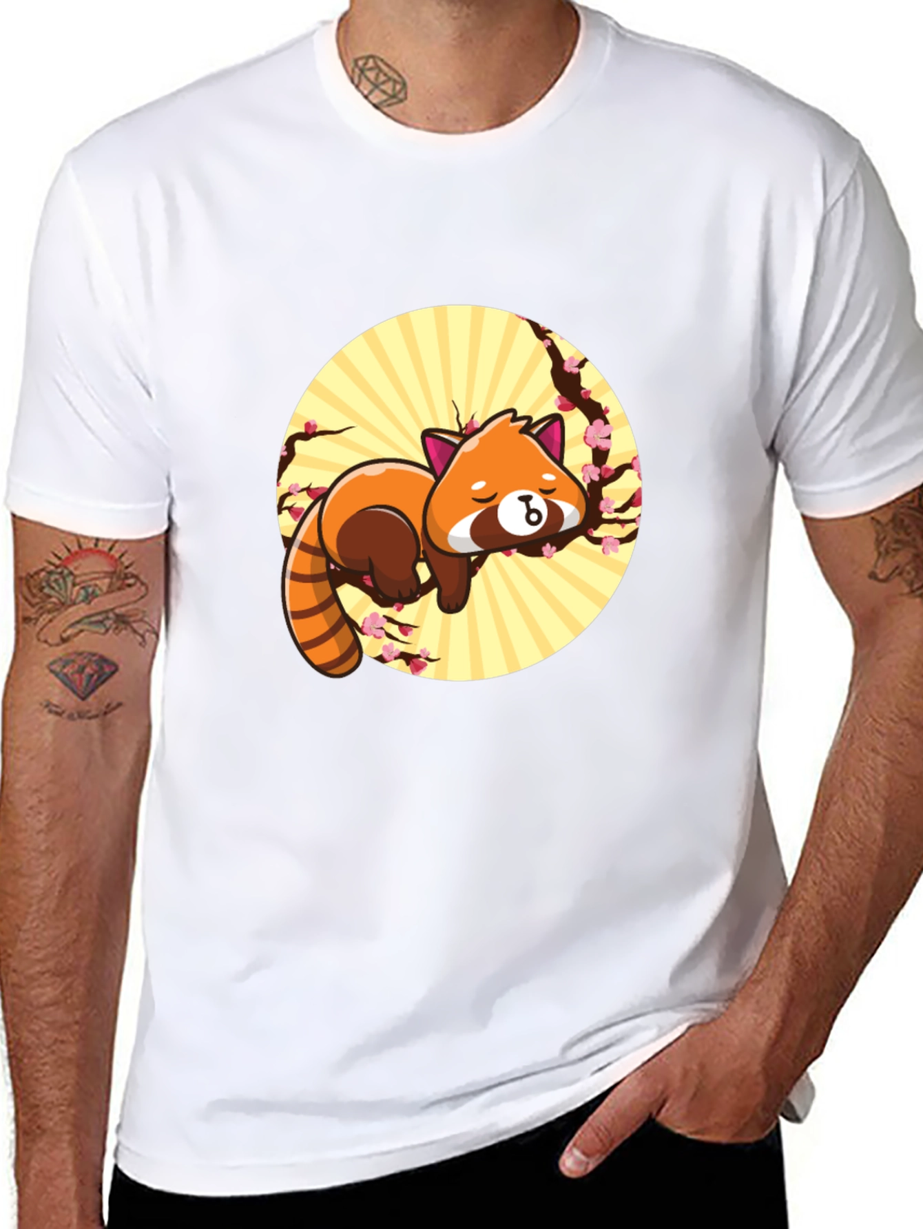 Cute Red Panda Sleeping on Branch - Black T-shirt
