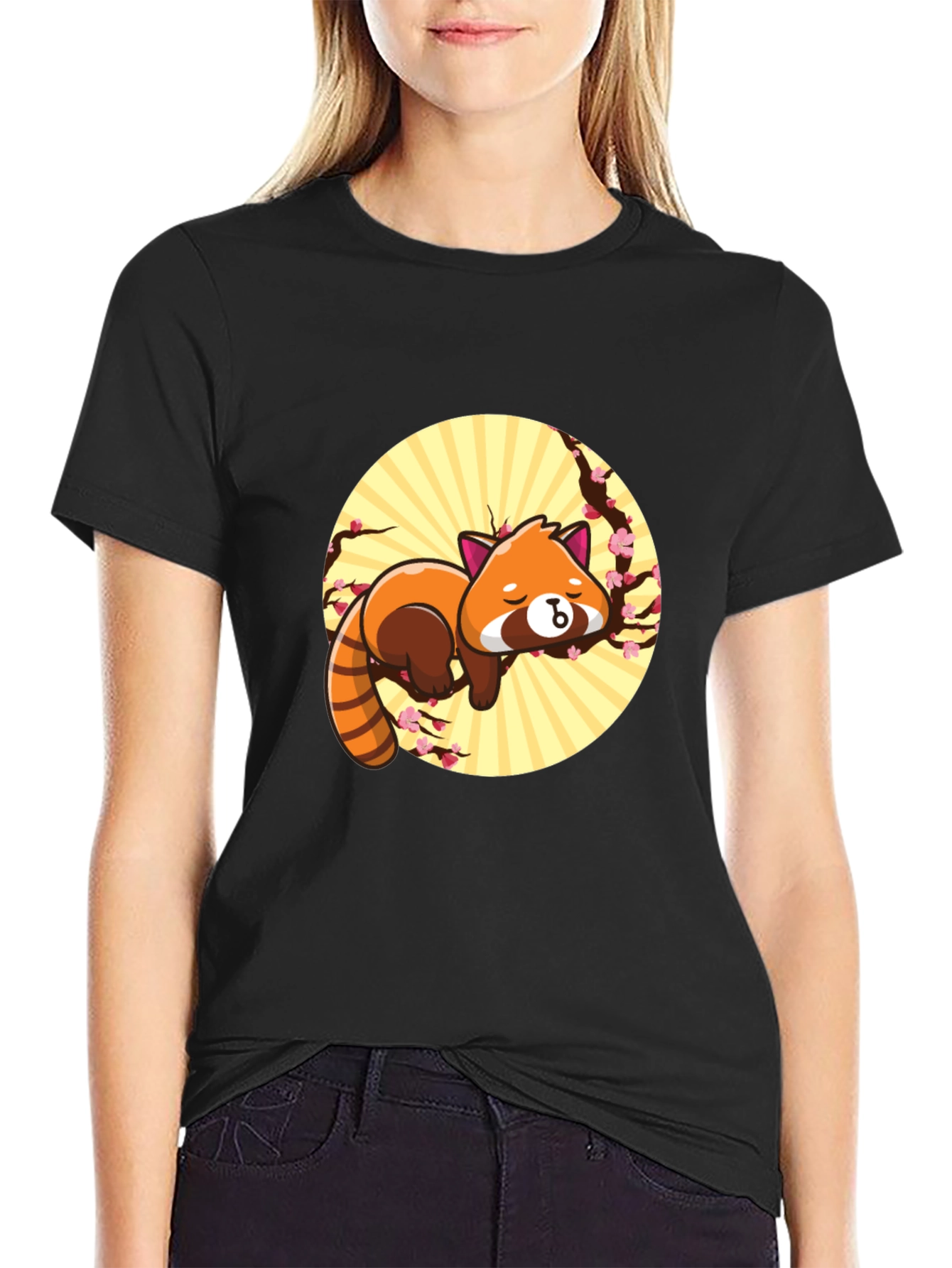 Cute Red Panda Sleeping on Branch - Black T-shirt