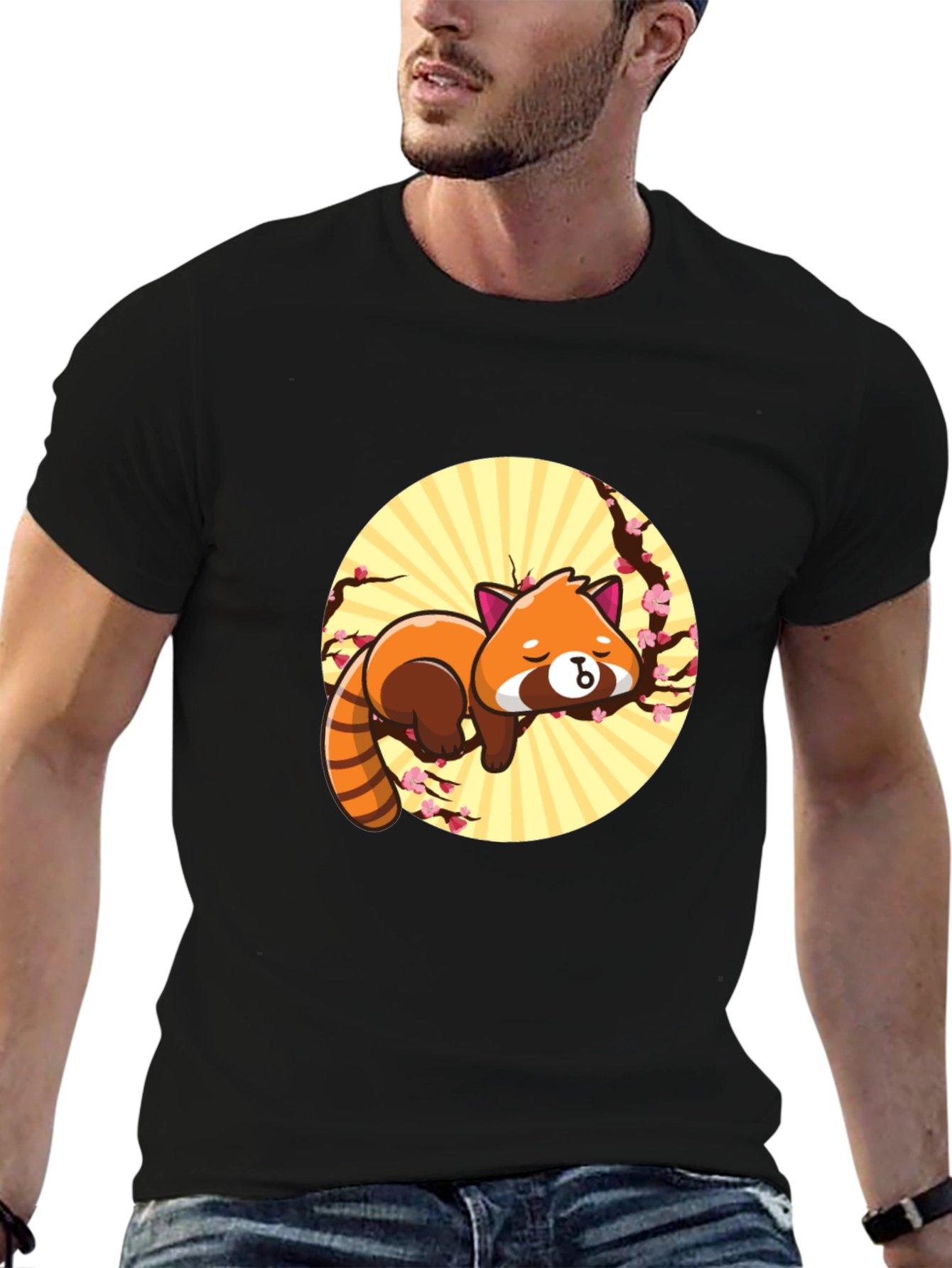 Cute Red Panda Sleeping on Branch - Black T-shirt