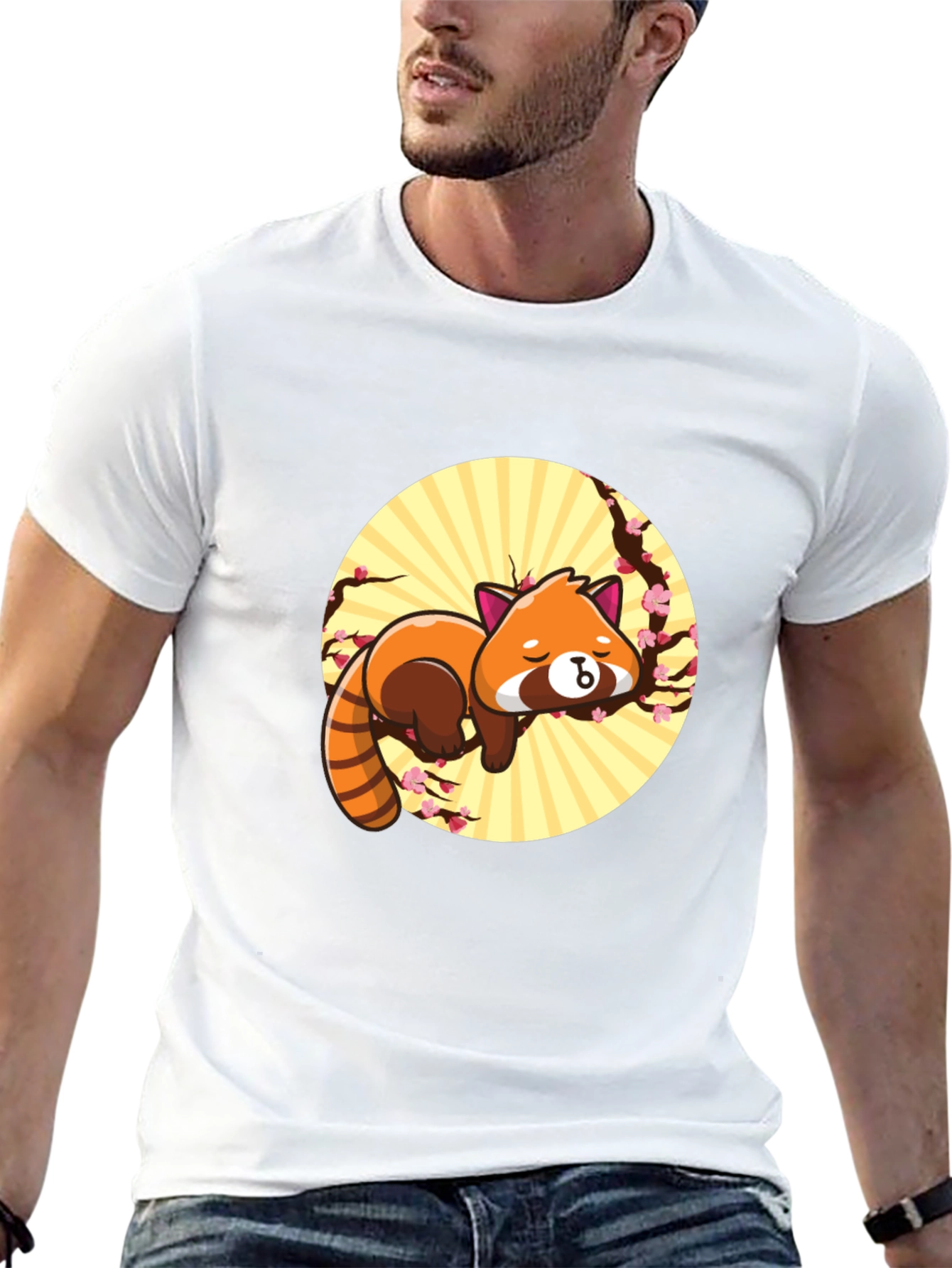 Cute Red Panda Sleeping on Branch - Black T-shirt