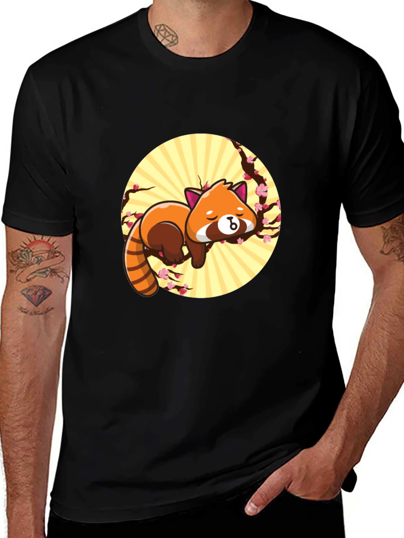 Cute Red Panda Sleeping on Branch - Black T-shirt