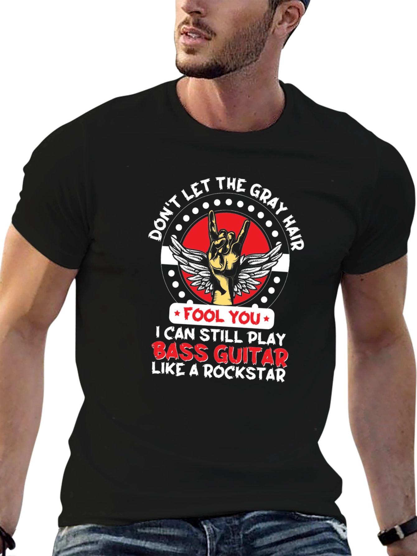 Gray Hair Bass Guitar Rockstar T-Shirt