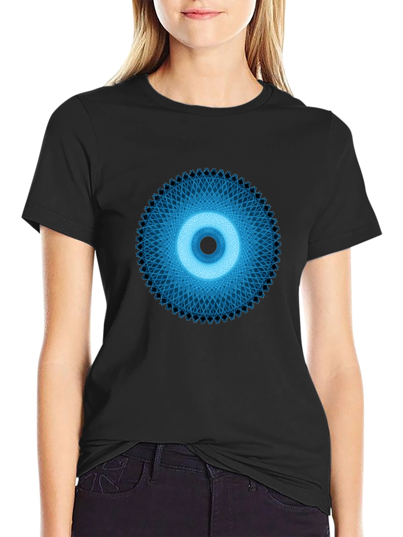 Geometric Eye Graphic Tee - Black Crew Neck