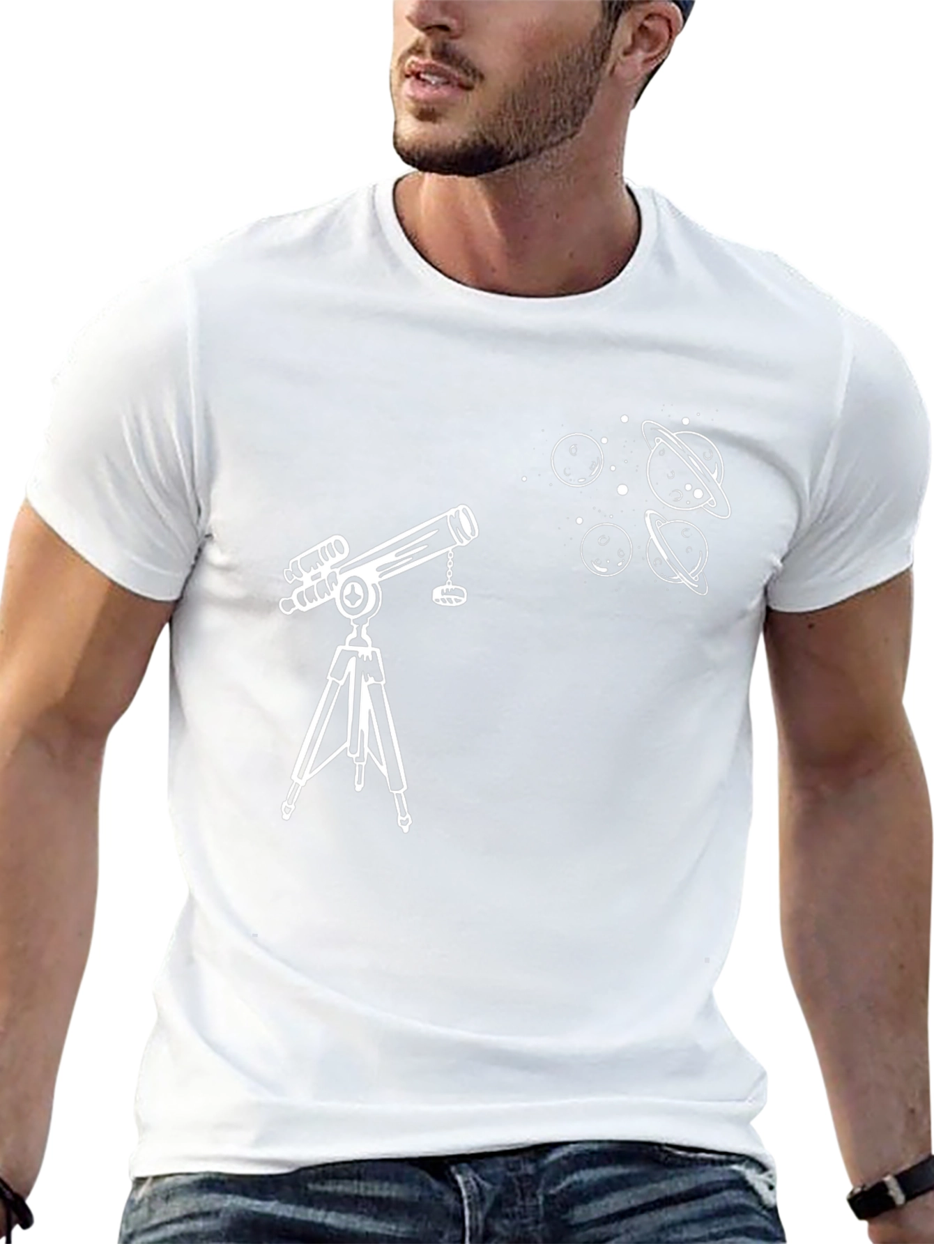 Telescope & Planets Graphic T-Shirt - Astronomy Lovers Tee