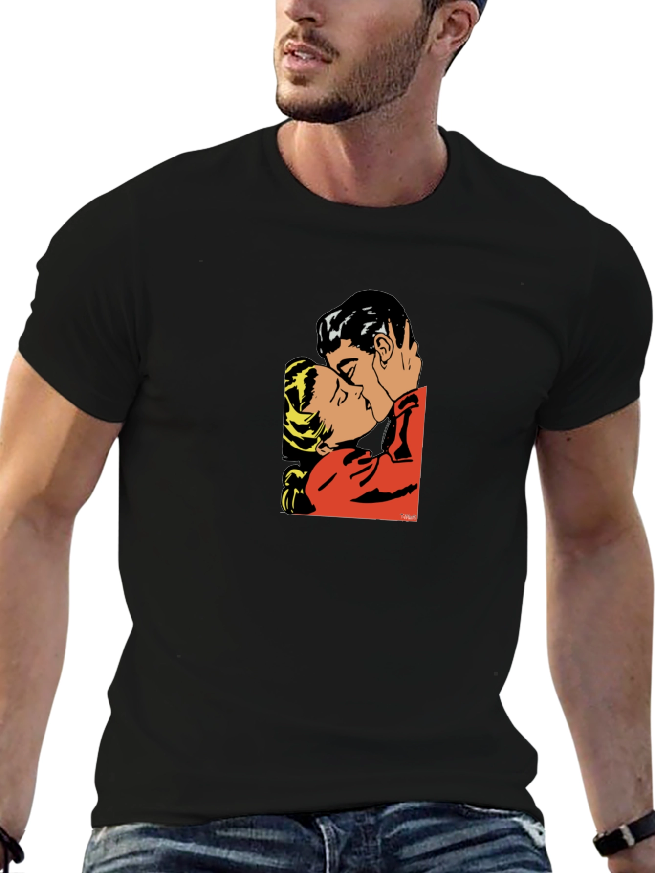 Romantic Kiss Graphic T-Shirt - Stylish Black Tee