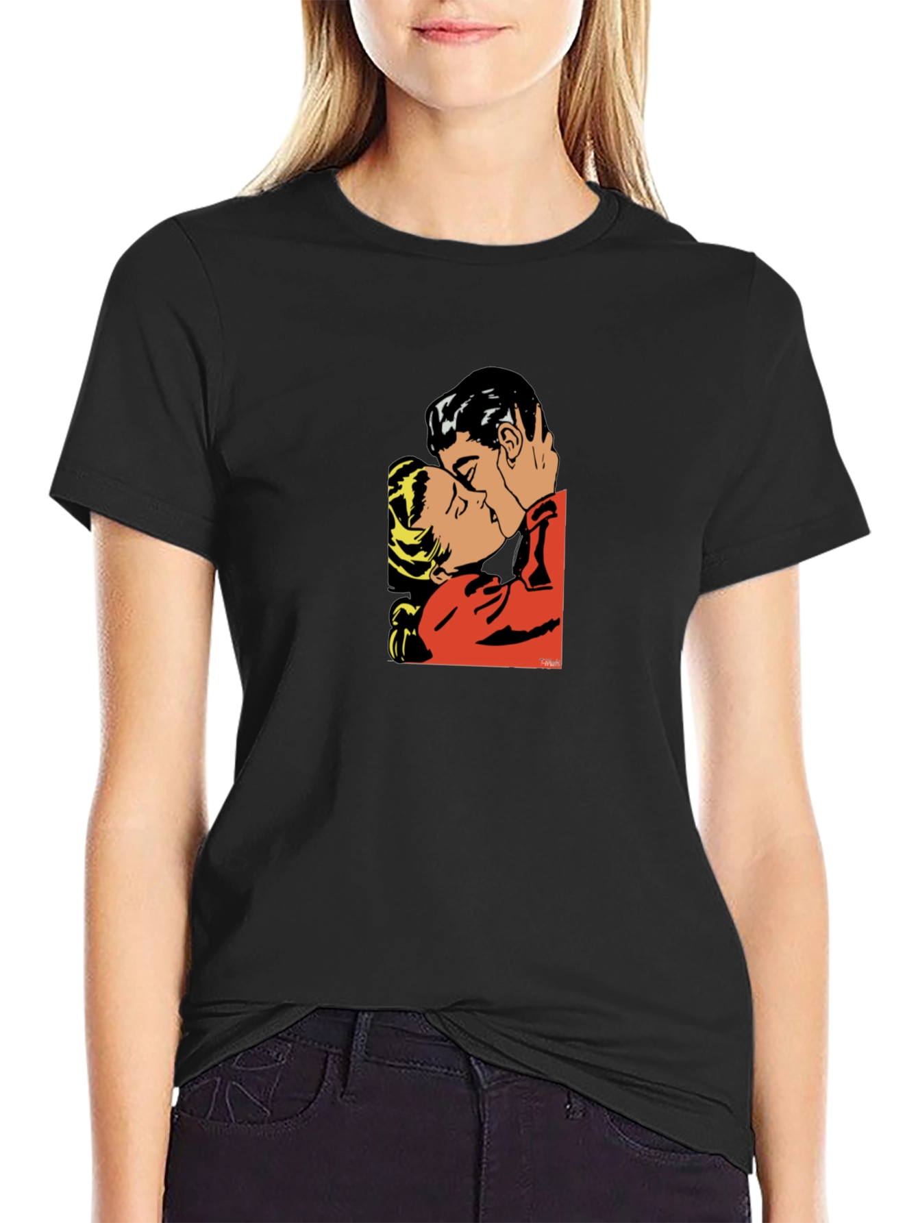 Romantic Kiss Graphic T-Shirt - Stylish Black Tee