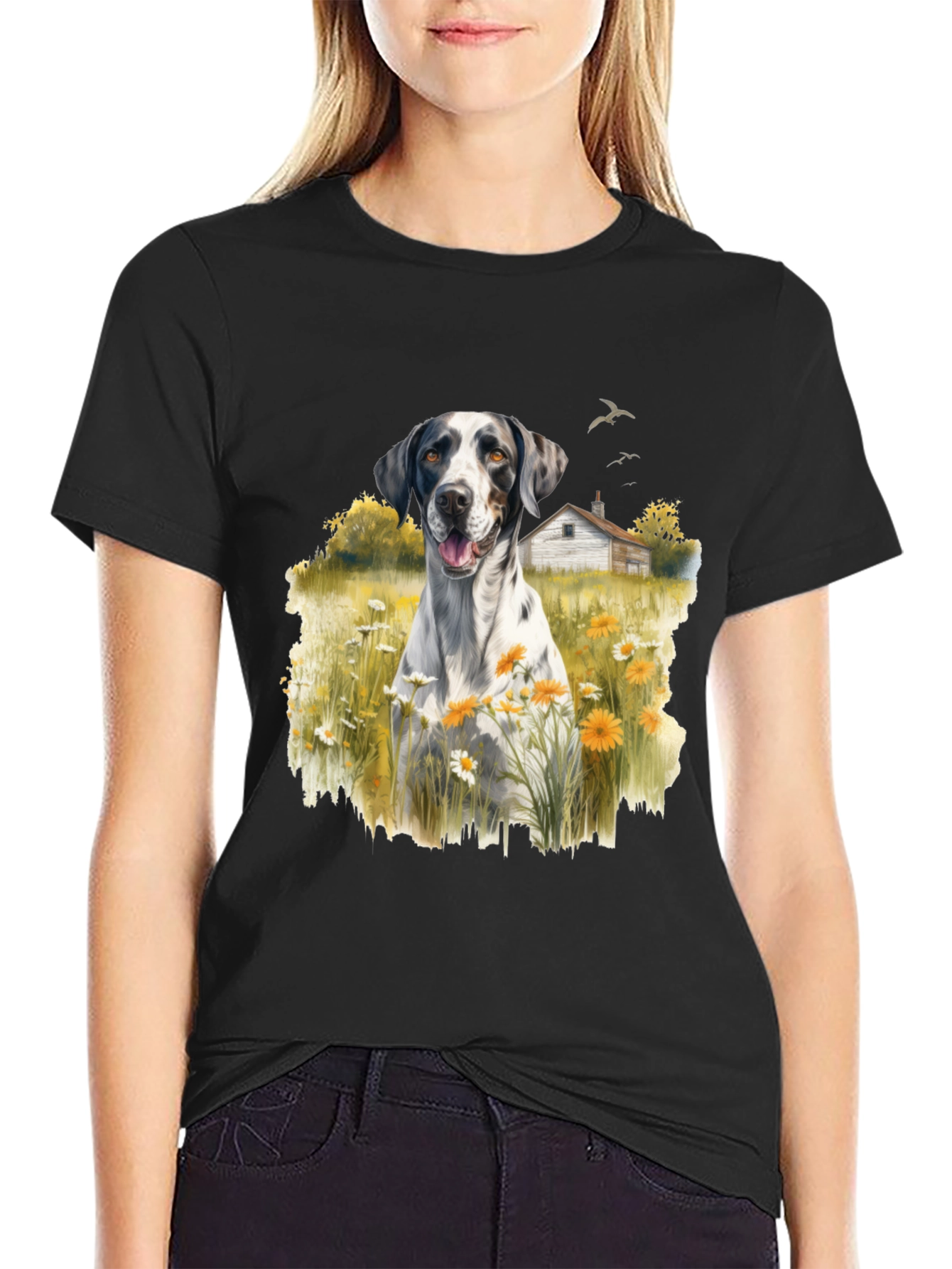 Dog in Daisy Field Graphic Tee