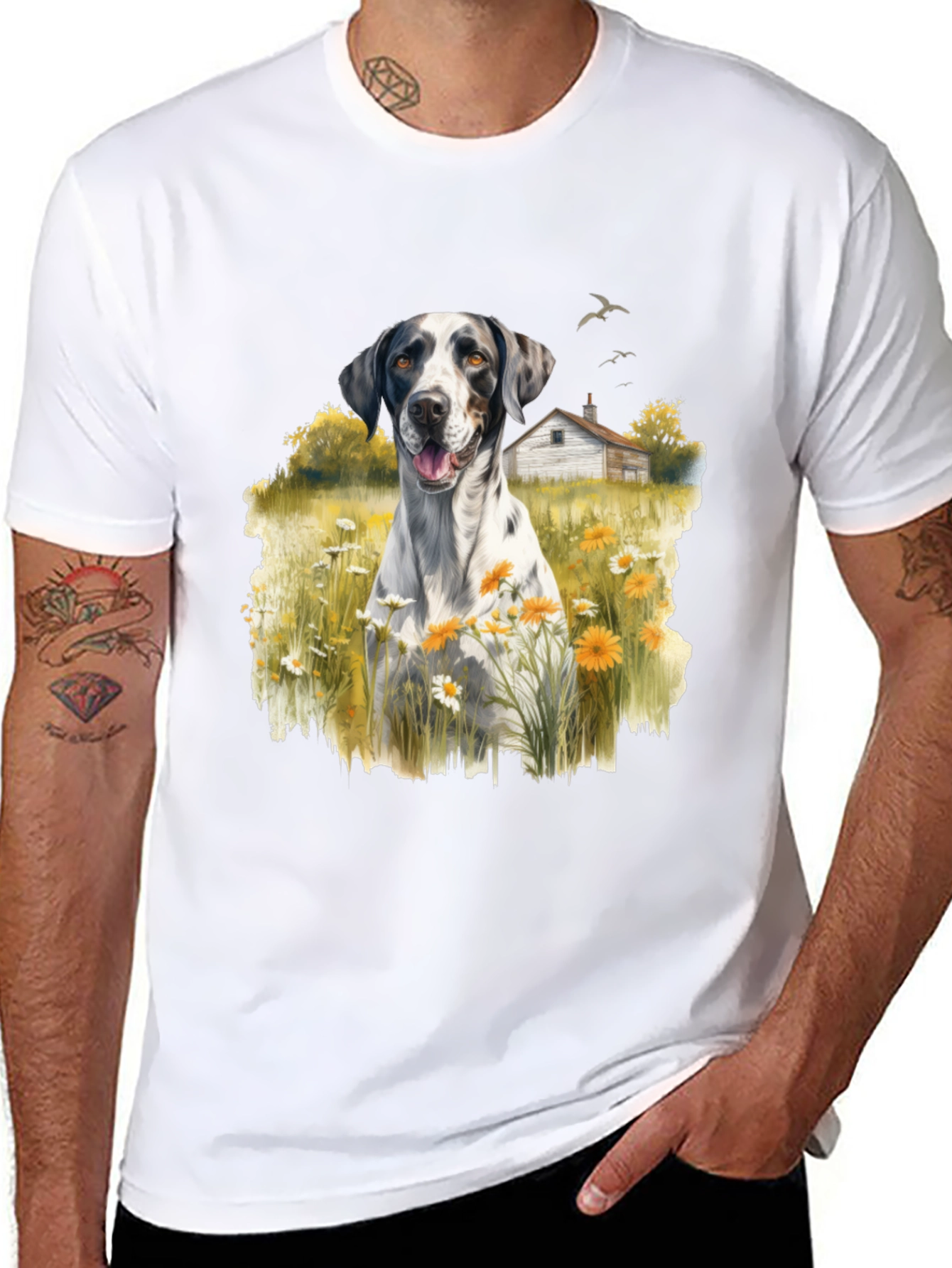 Dog in Daisy Field Graphic Tee