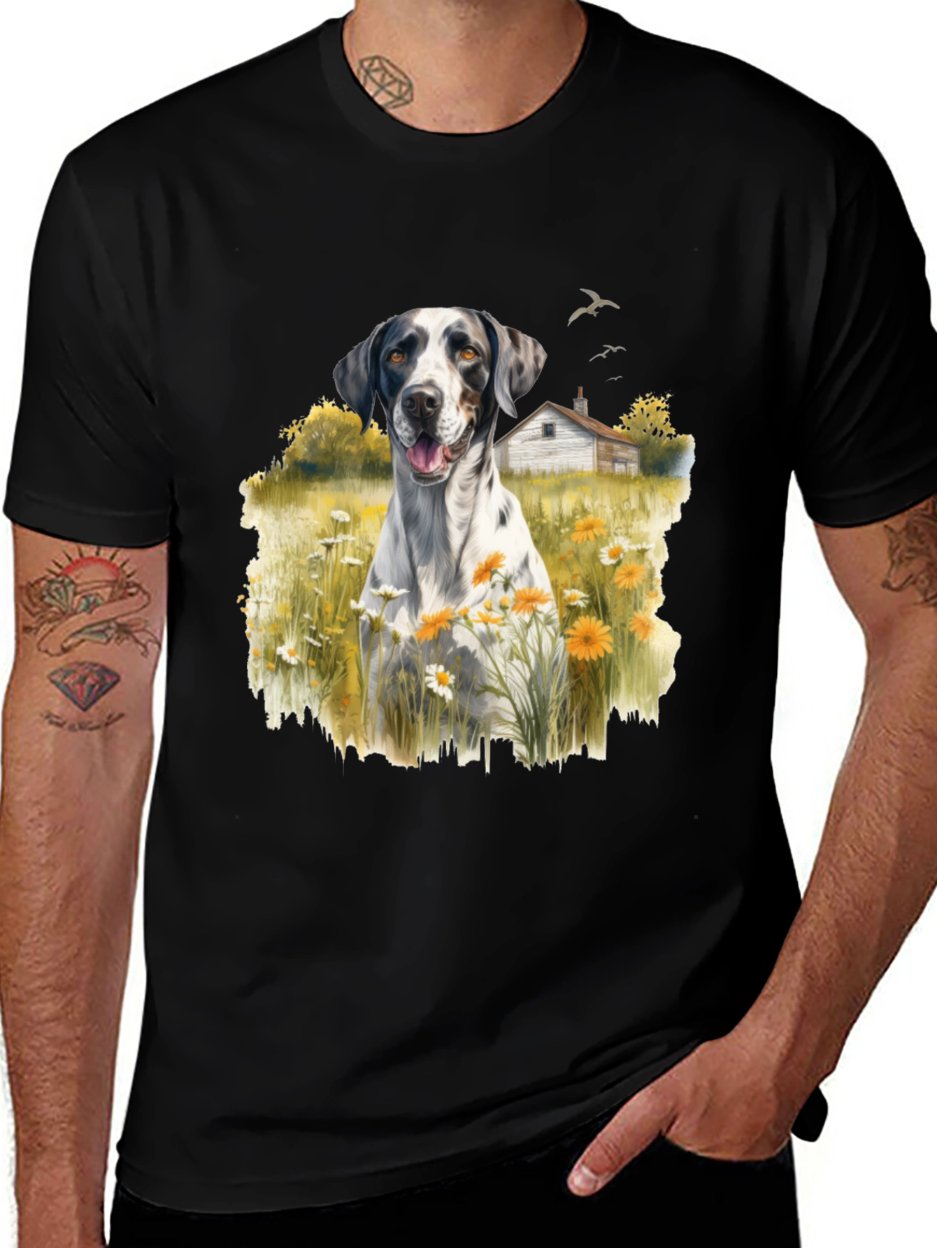 Dog in Daisy Field Graphic Tee