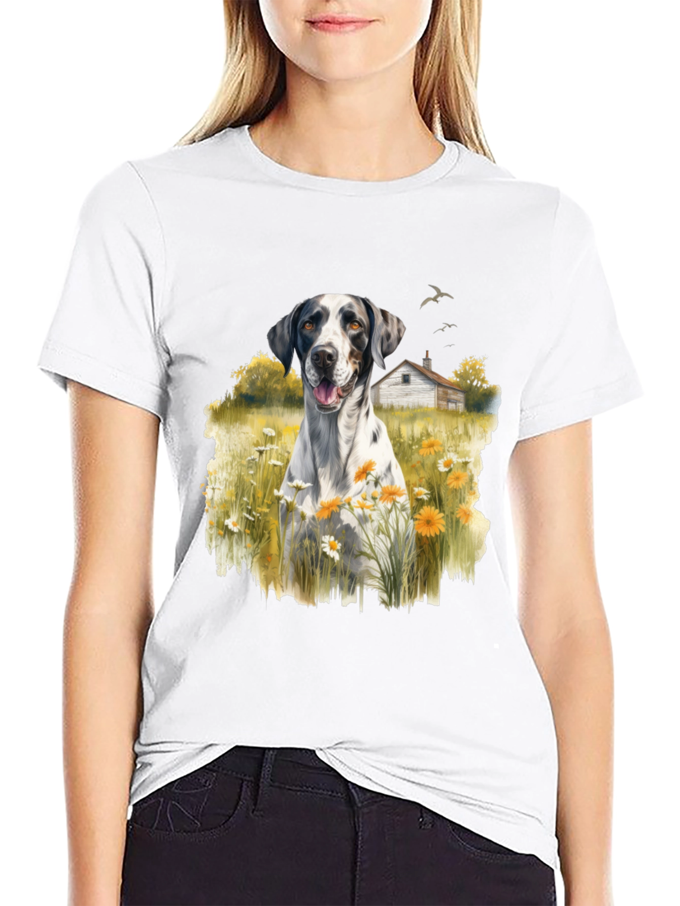 Dog in Daisy Field Graphic Tee