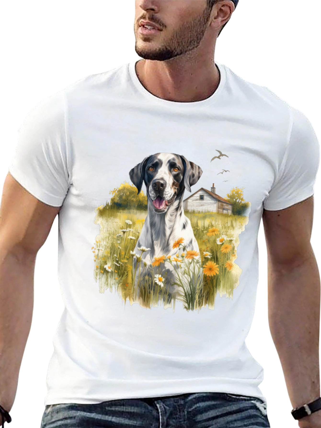 Dog in Daisy Field Graphic Tee
