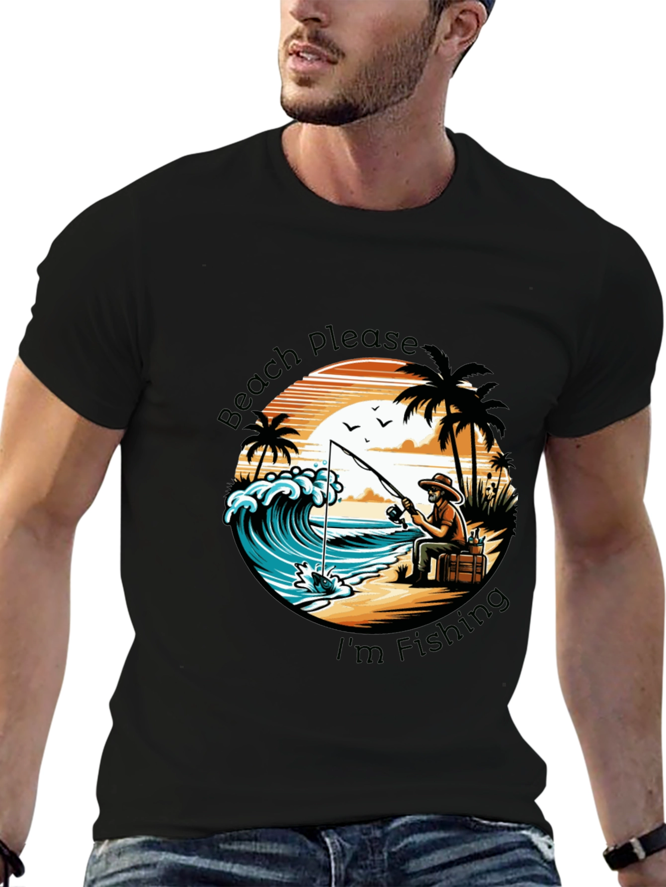 Beach Please Im Fishing Black T-Shirt