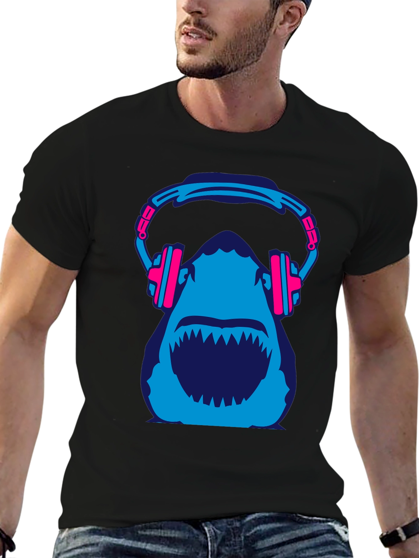 Shark with Headphones Graphic Tee - Black