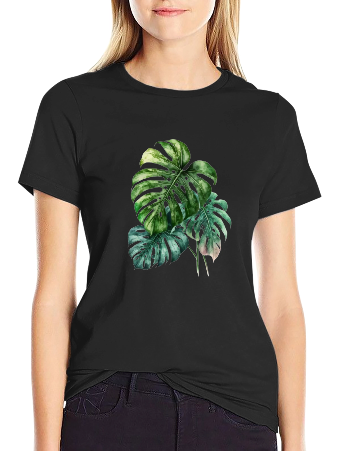 Botanical Monstera Leaf Graphic Black T-Shirt
