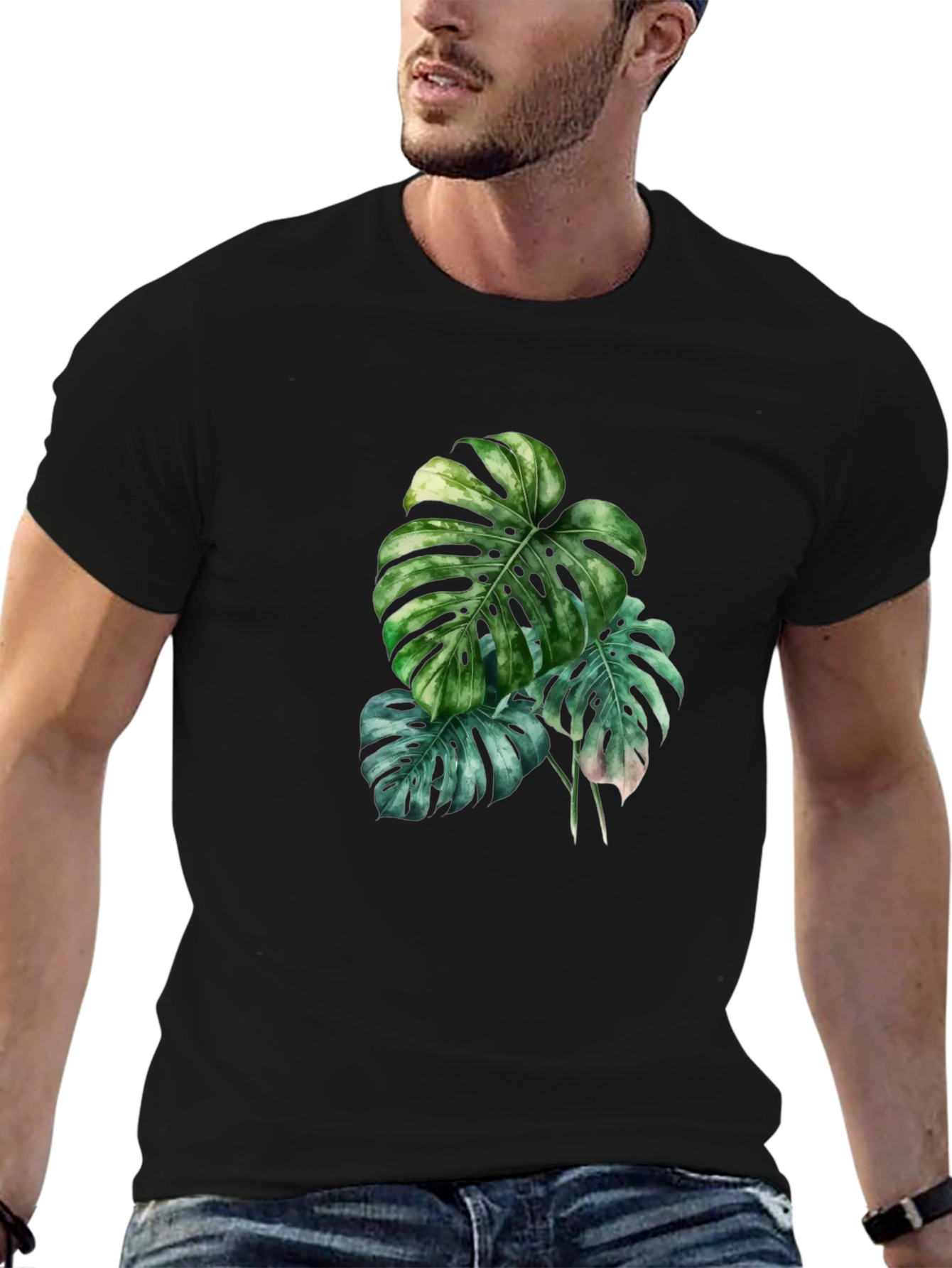 Botanical Monstera Leaf Graphic Black T-Shirt