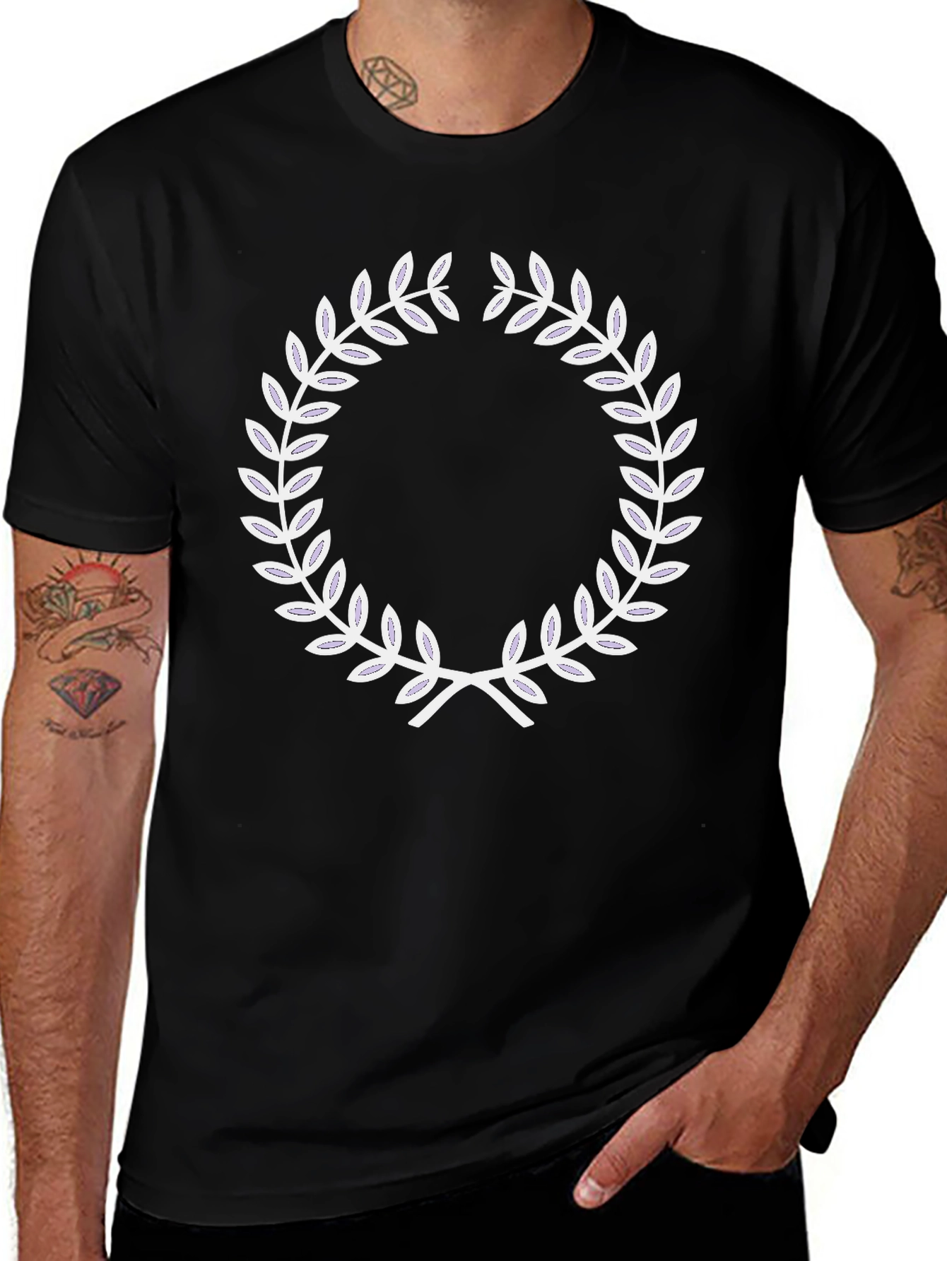 Black T-Shirt with White Laurel Wreath Design