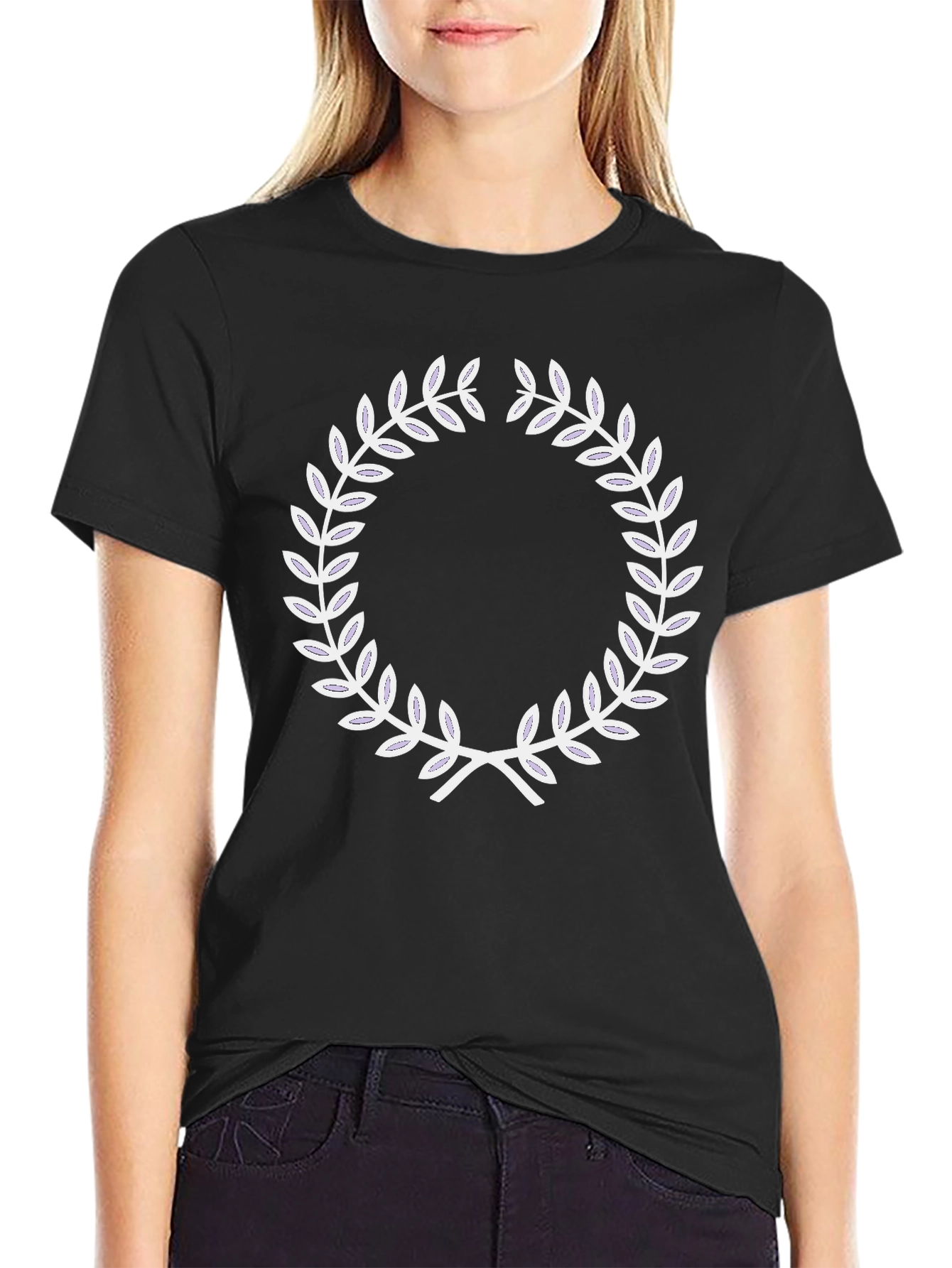 Black T-Shirt with White Laurel Wreath Design