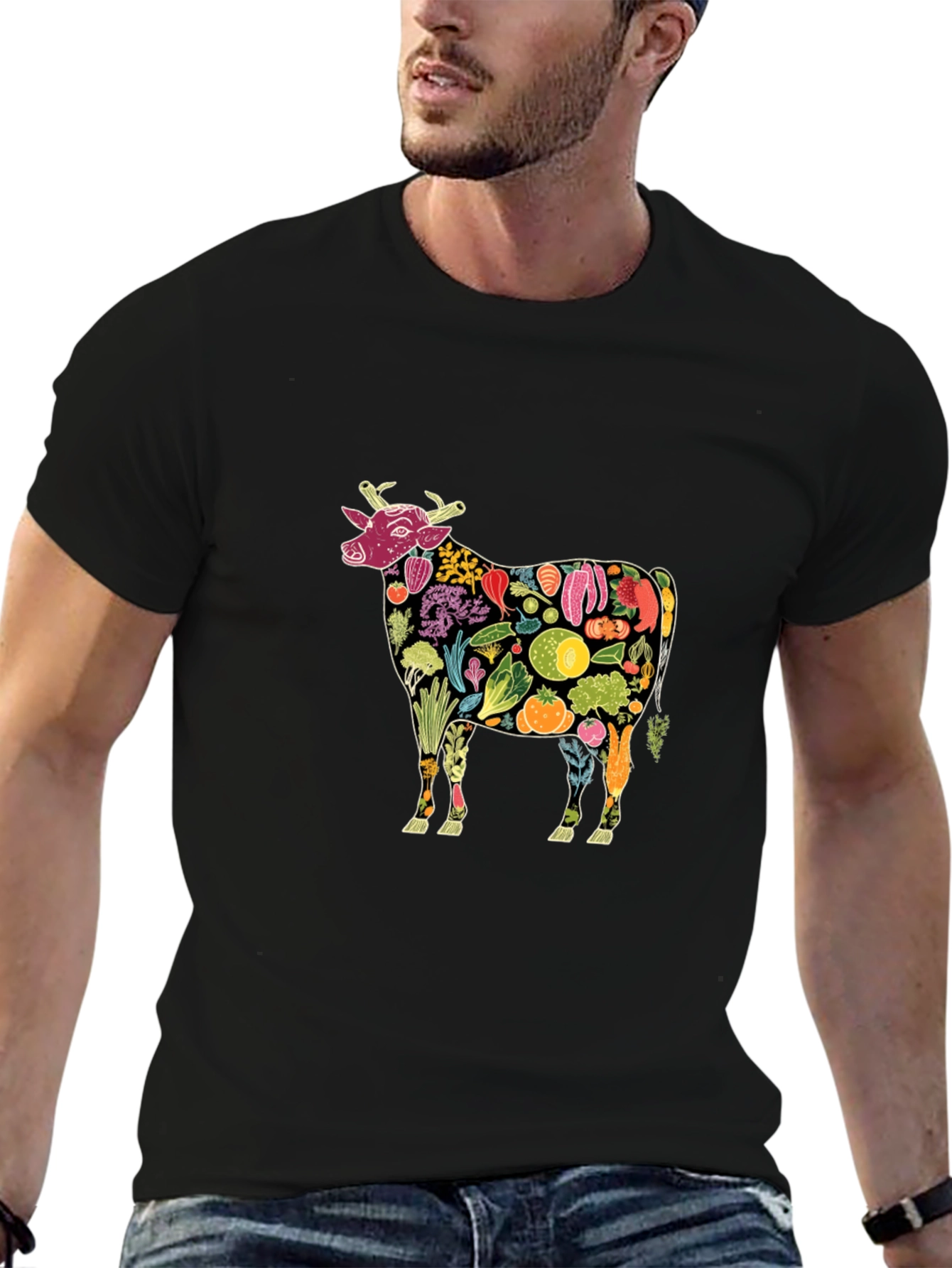 Vegan Cow Graphic Tee - Black Cotton T-Shirt