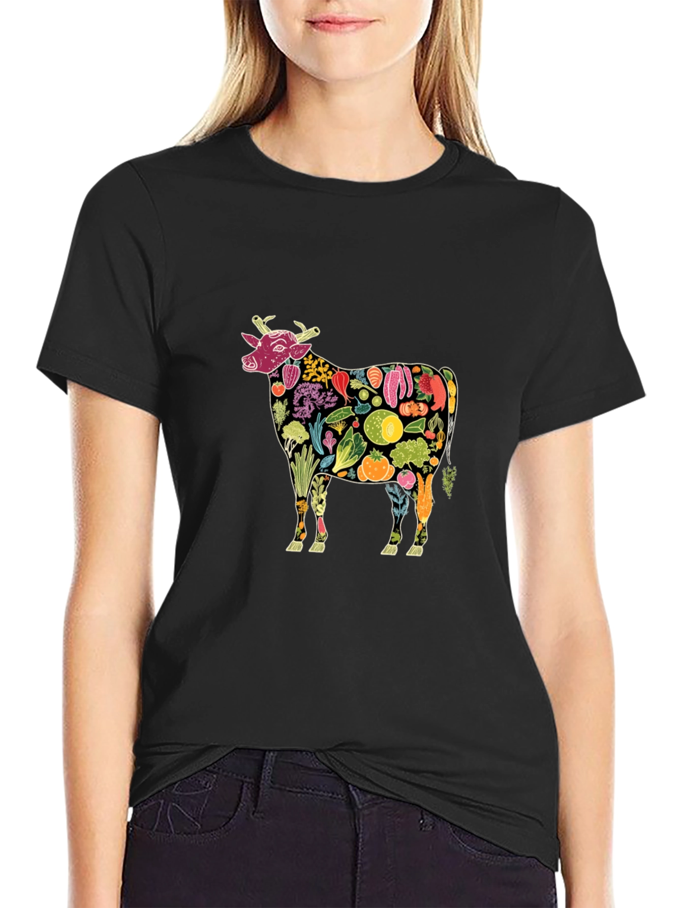 Vegan Cow Graphic Tee - Black Cotton T-Shirt