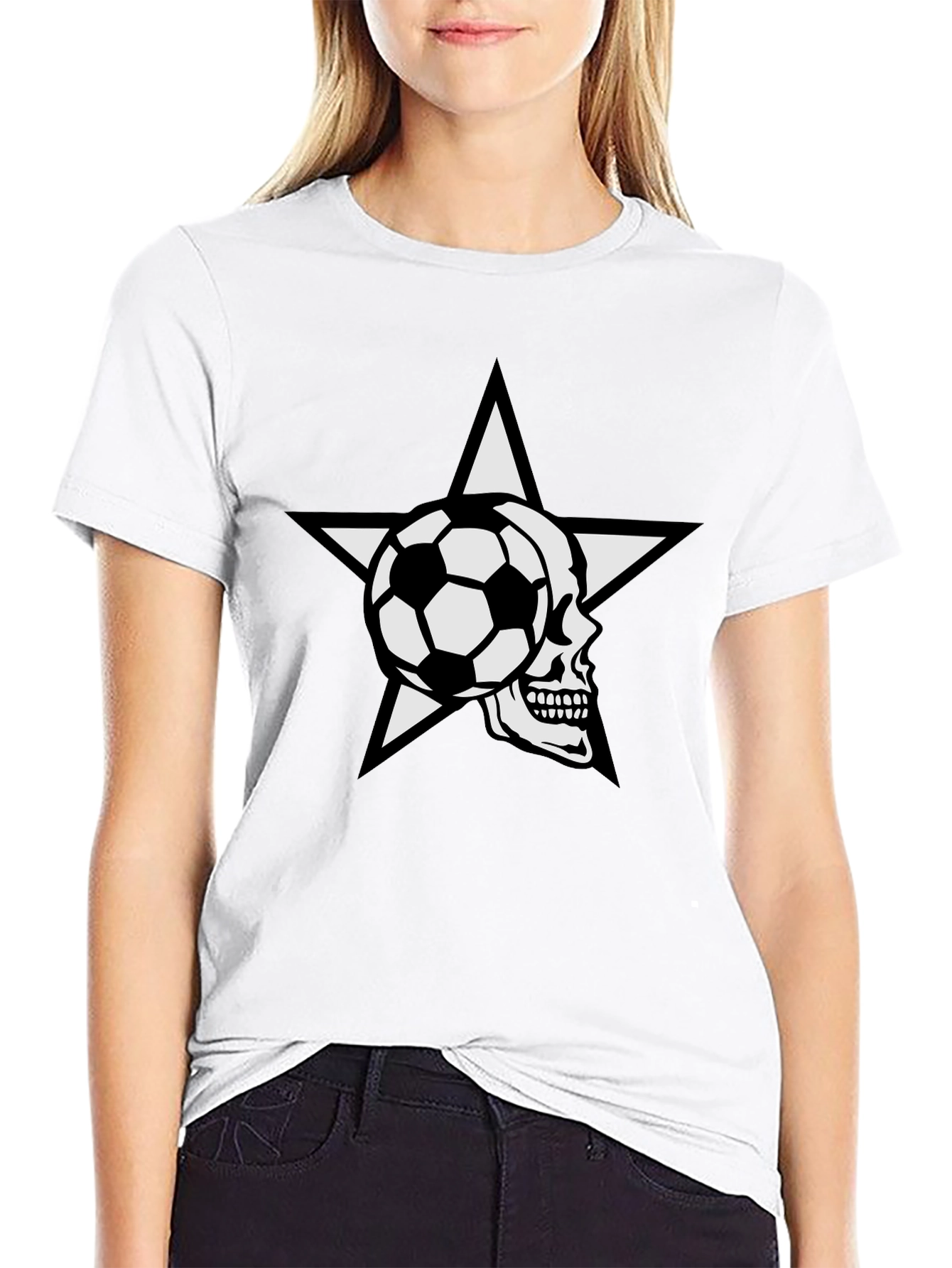 Soccer Skull Star Graphic Tee - Black Cotton T-Shirt