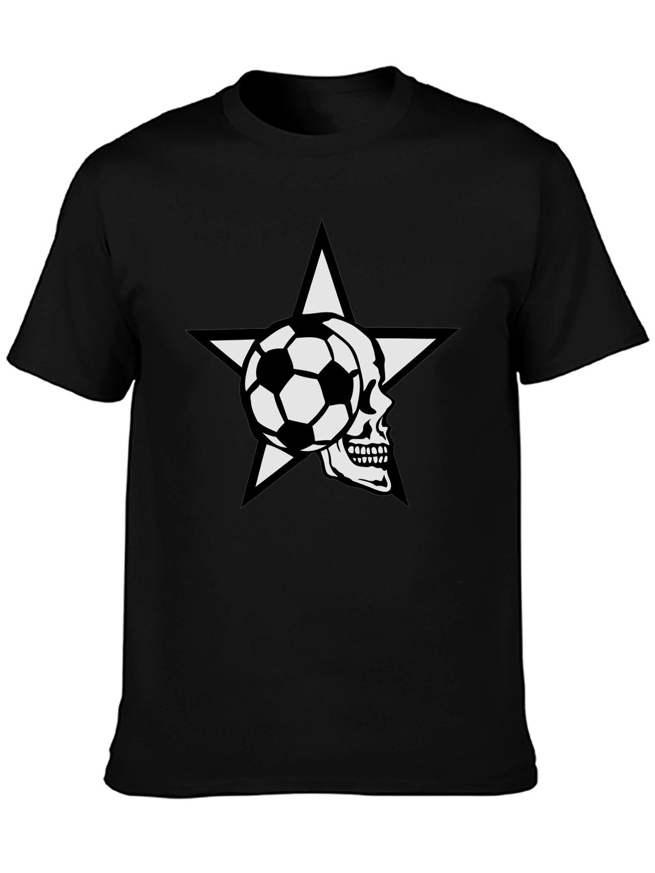 Soccer Skull Star Graphic Tee - Black Cotton T-Shirt