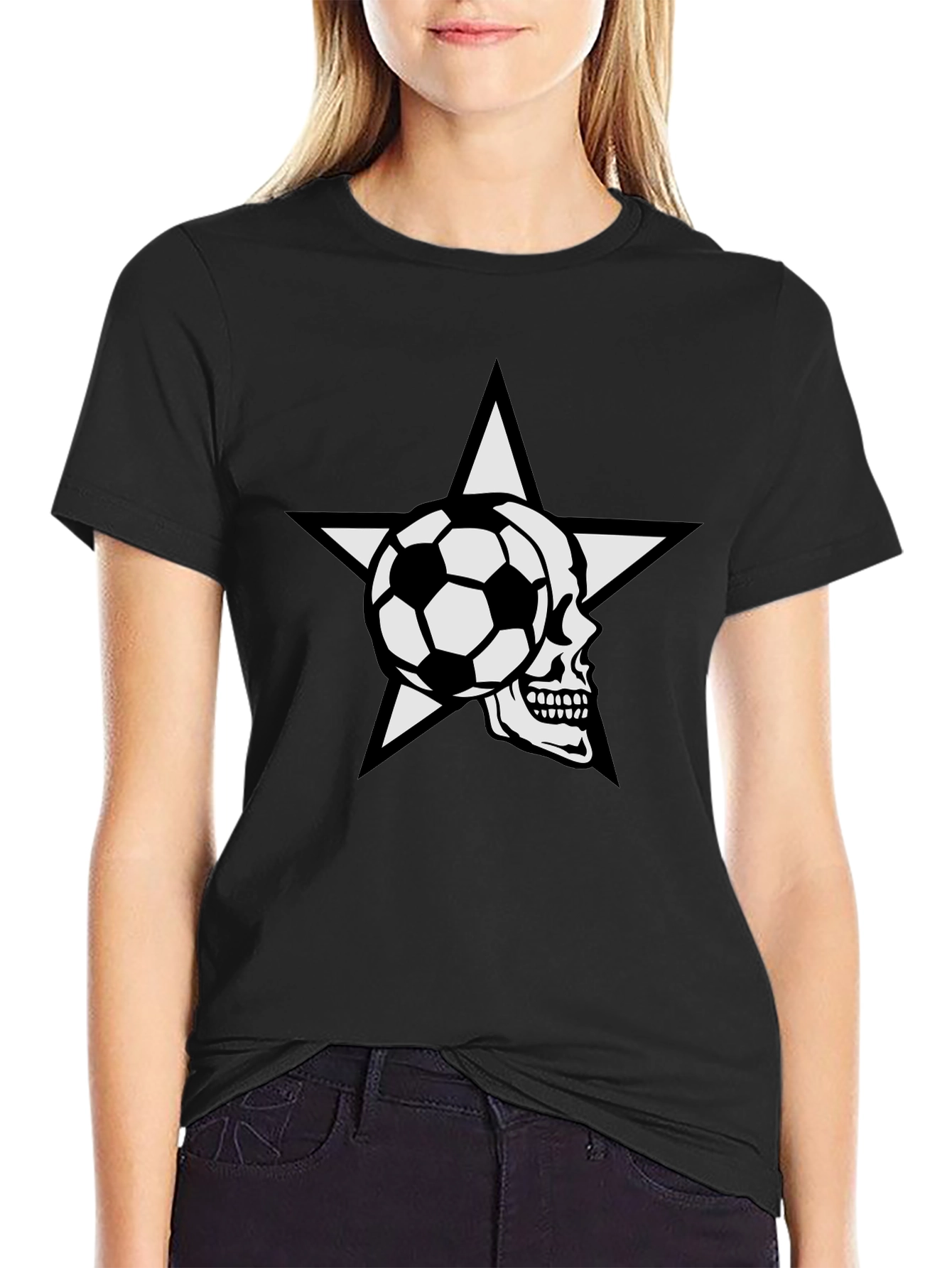 Soccer Skull Star Graphic Tee - Black Cotton T-Shirt