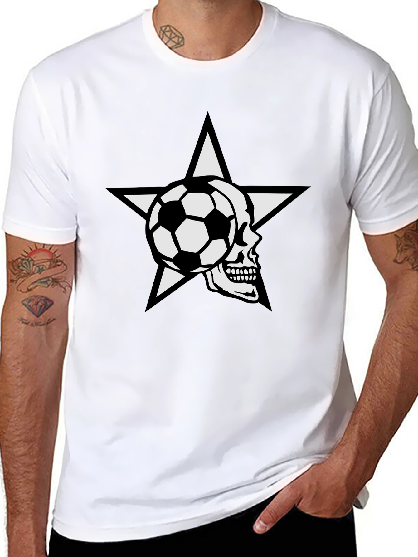 Soccer Skull Star Graphic Tee - Black Cotton T-Shirt