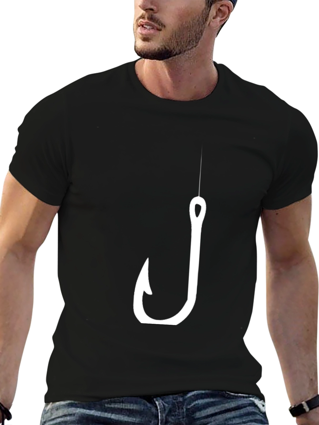 Mens Black T-Shirt with Fishing Hook Design