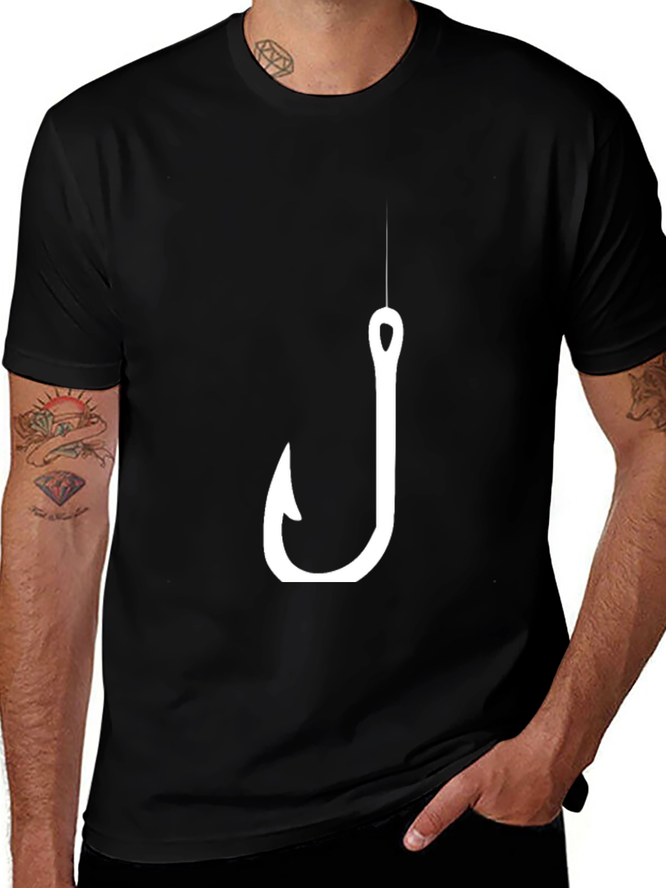 Mens Black T-Shirt with Fishing Hook Design