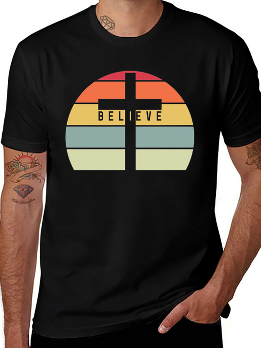 Believe Cross Graphic Tee - Religious Sunset Design