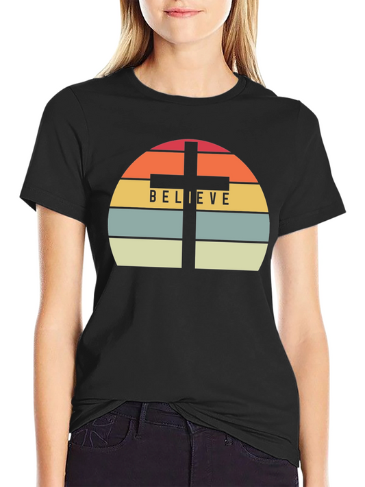Believe Cross Graphic Tee - Religious Sunset Design