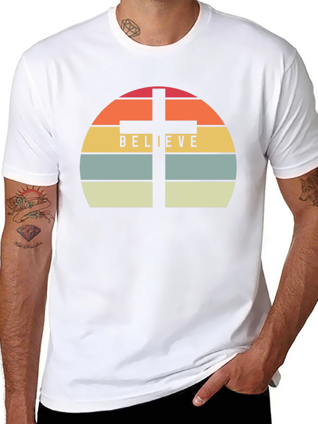 Believe Cross Graphic Tee - Religious Sunset Design