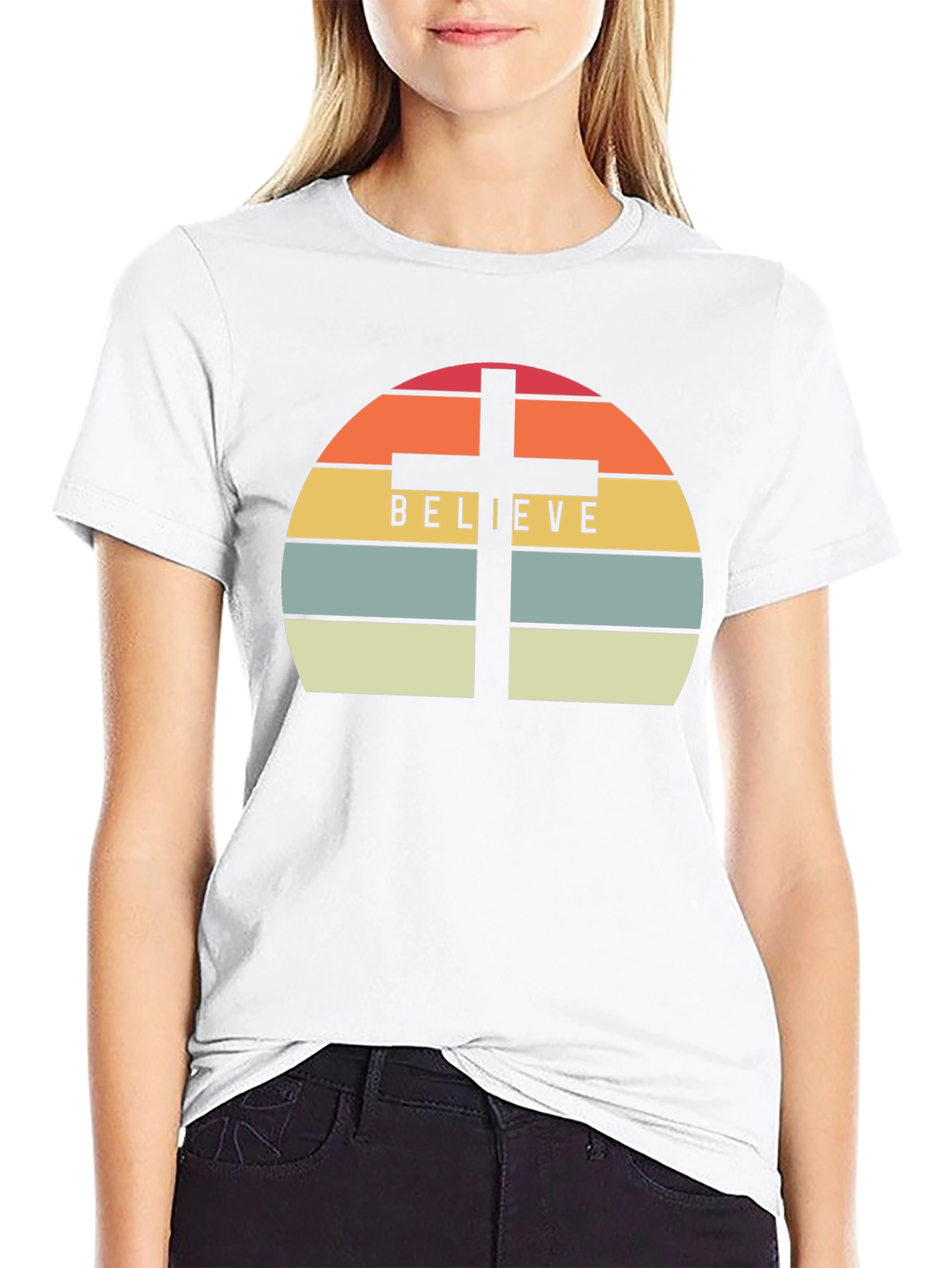 Believe Cross Graphic Tee - Religious Sunset Design
