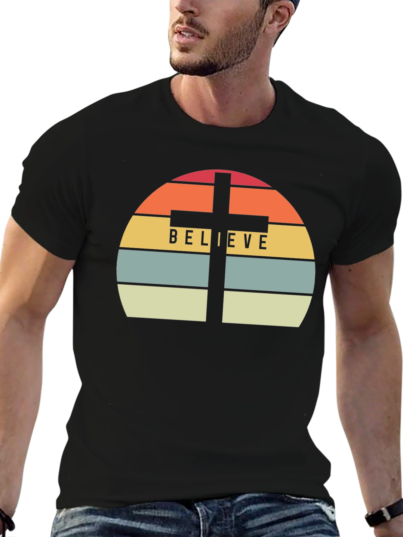 Believe Cross Graphic Tee - Religious Sunset Design