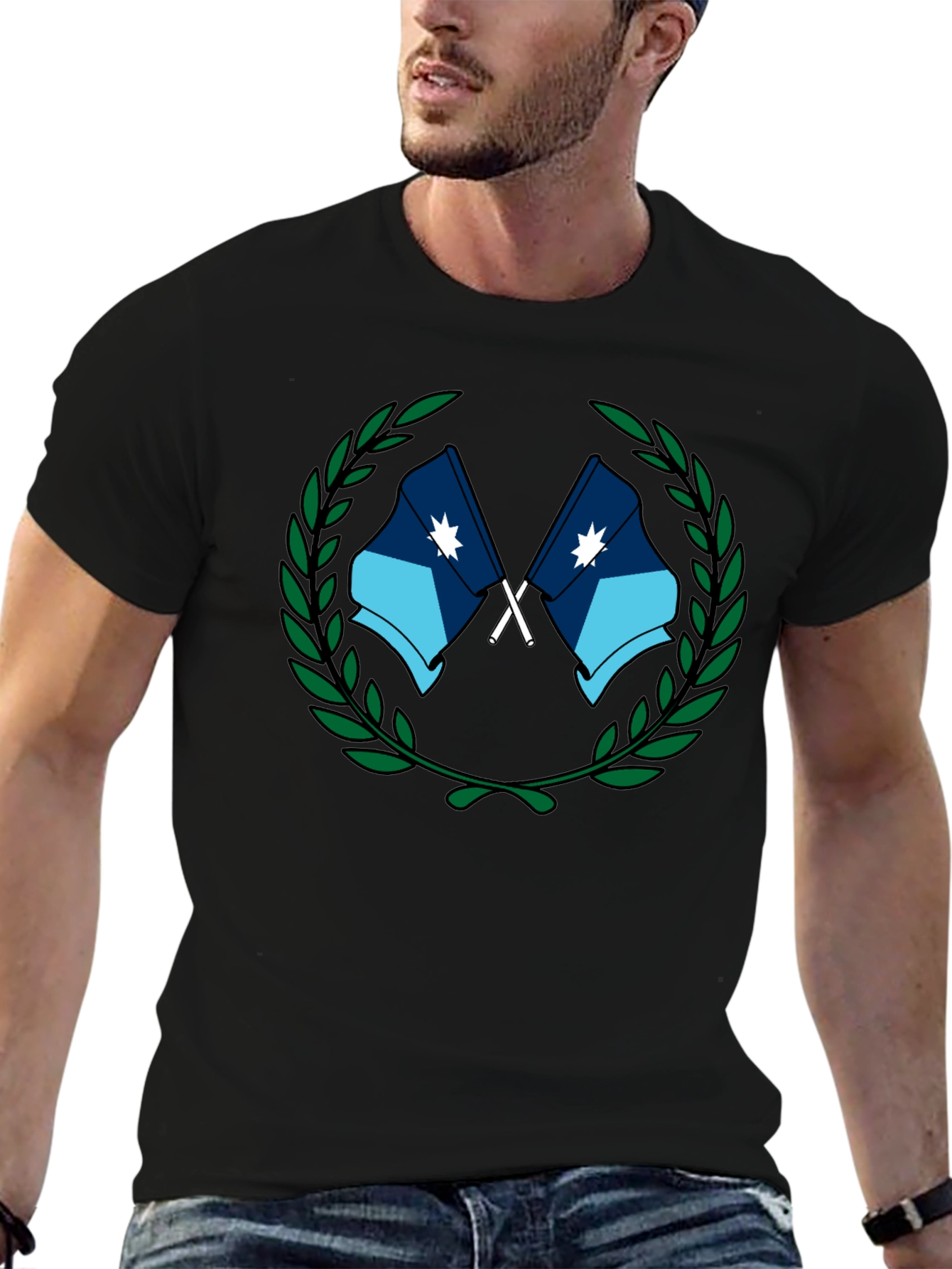 Graphic Tee - Crossed Flags with Wreath - Black