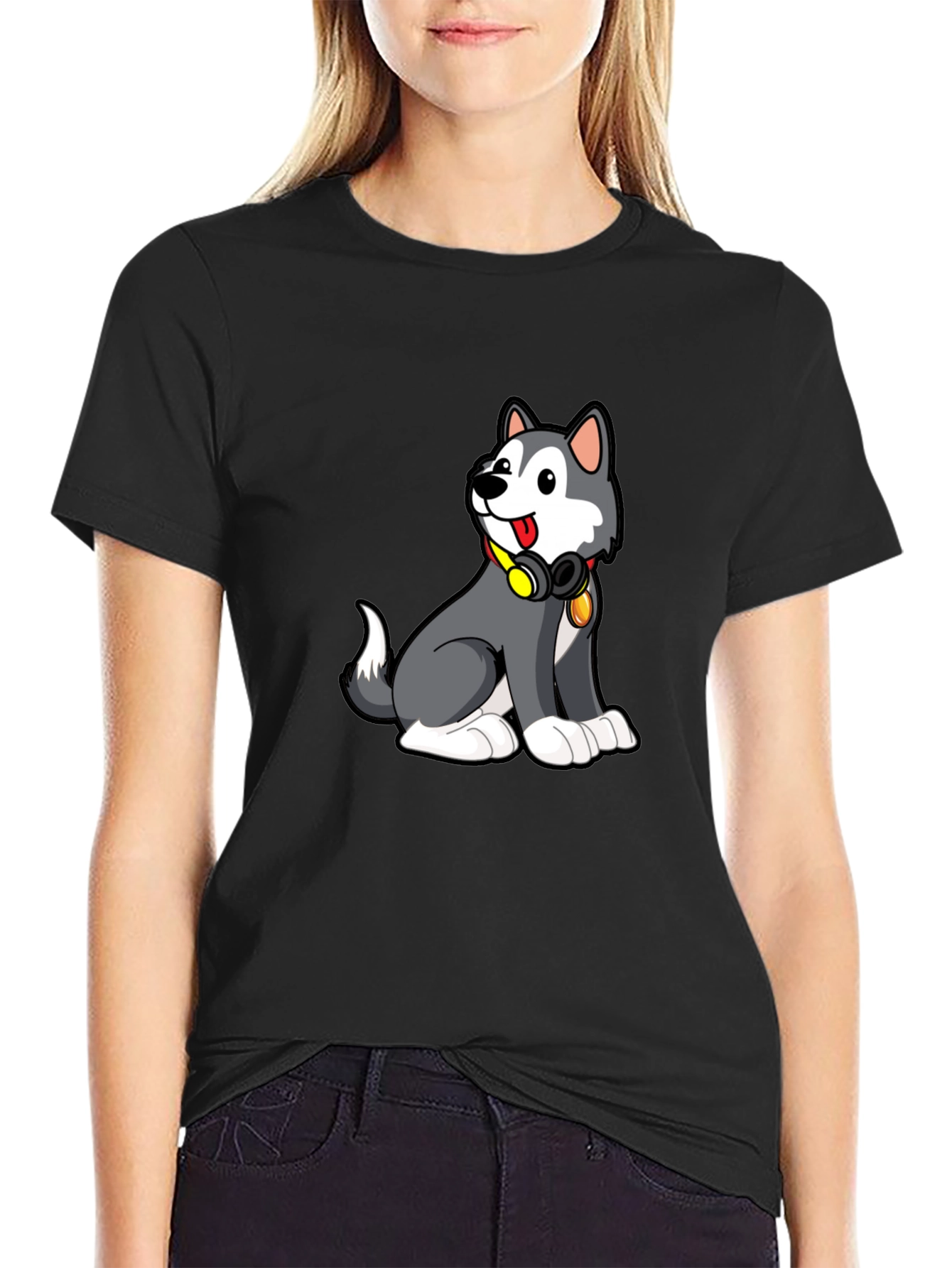 Cool Husky Graphic Tee - Black Cotton Blend