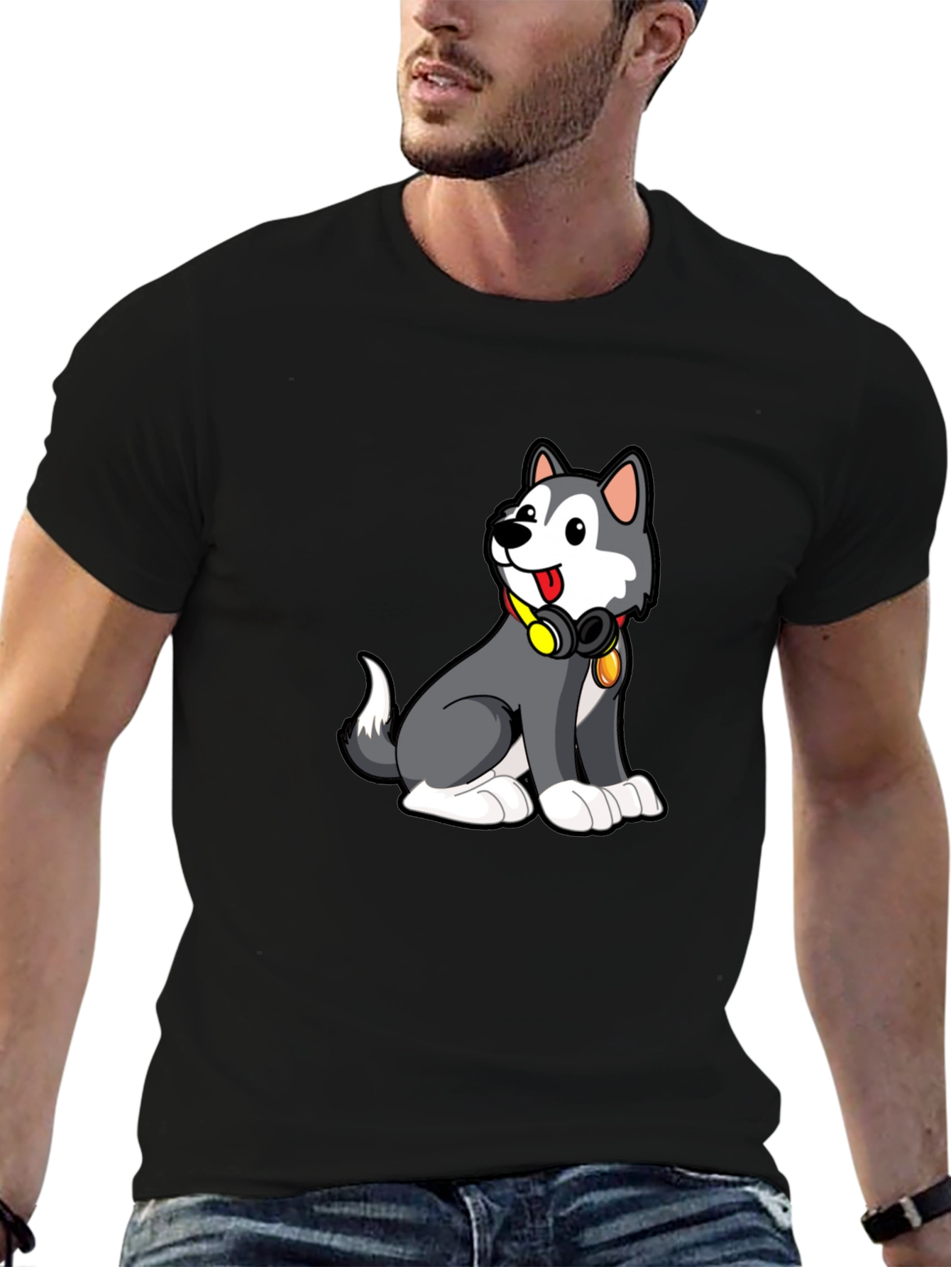 Cool Husky Graphic Tee - Black Cotton Blend