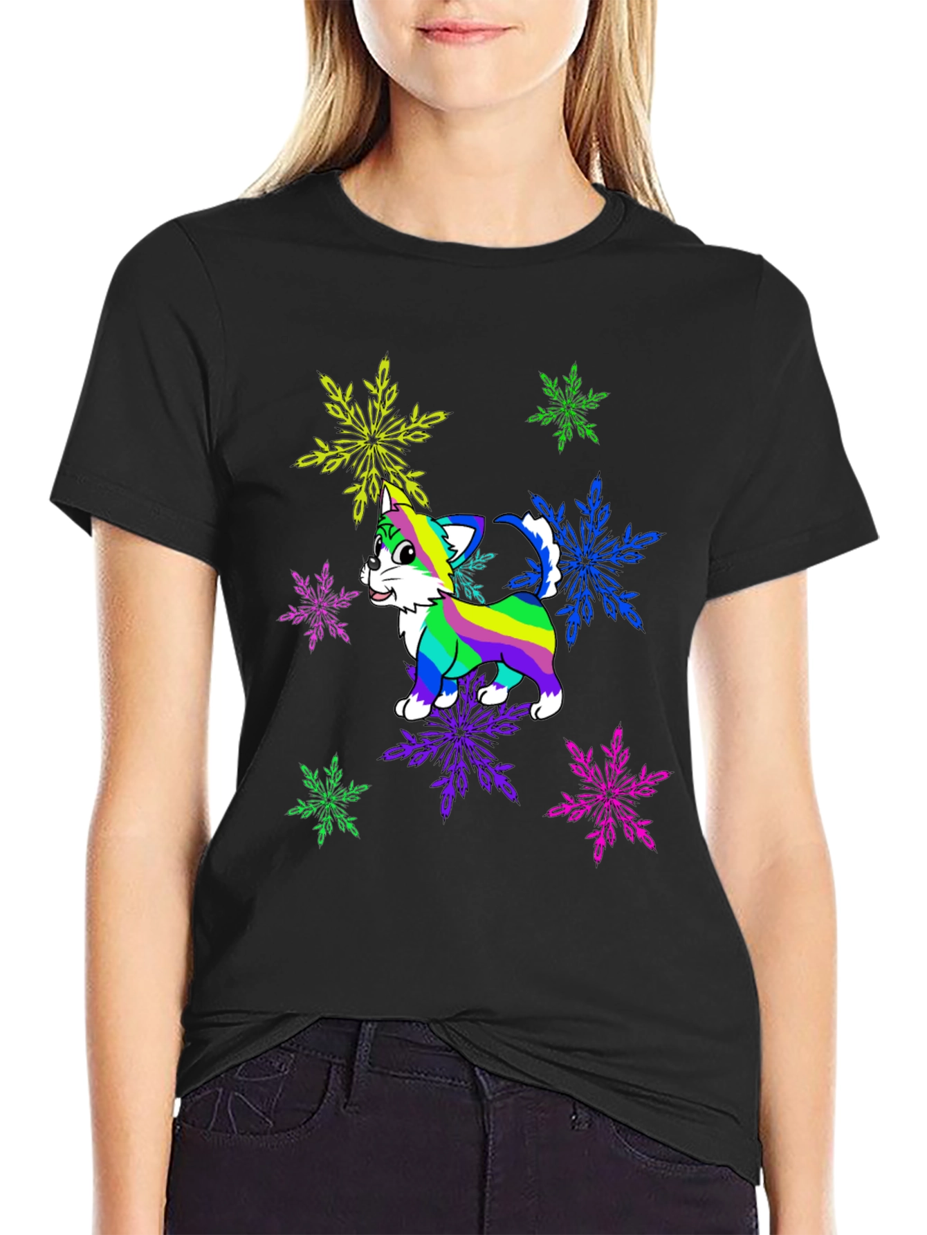 Rainbow Cat Snowflake Graphic Tee