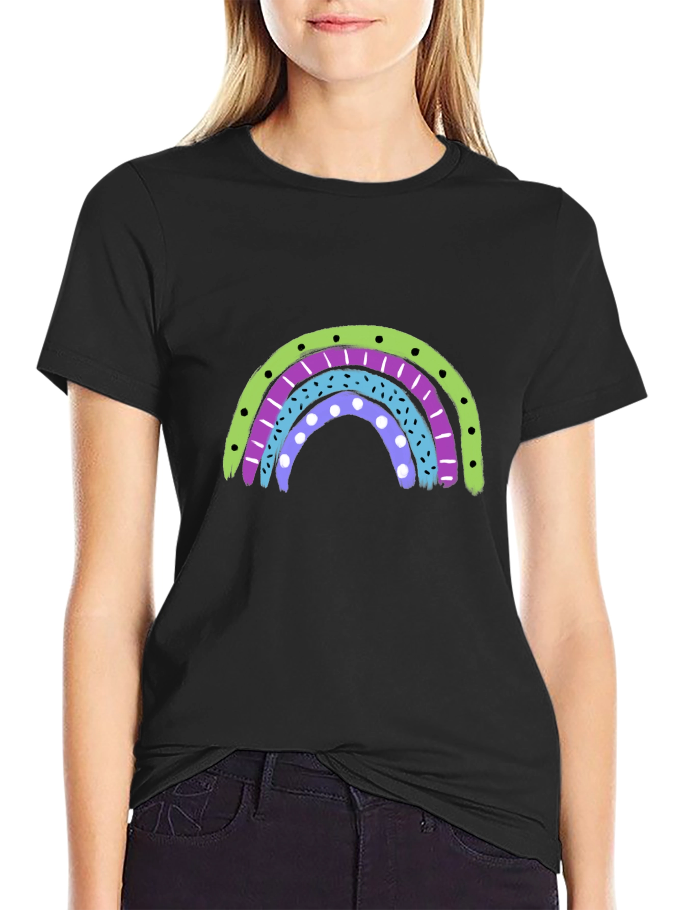 Retro Rainbow Graphic Tee - Black Cotton Blend Shirt