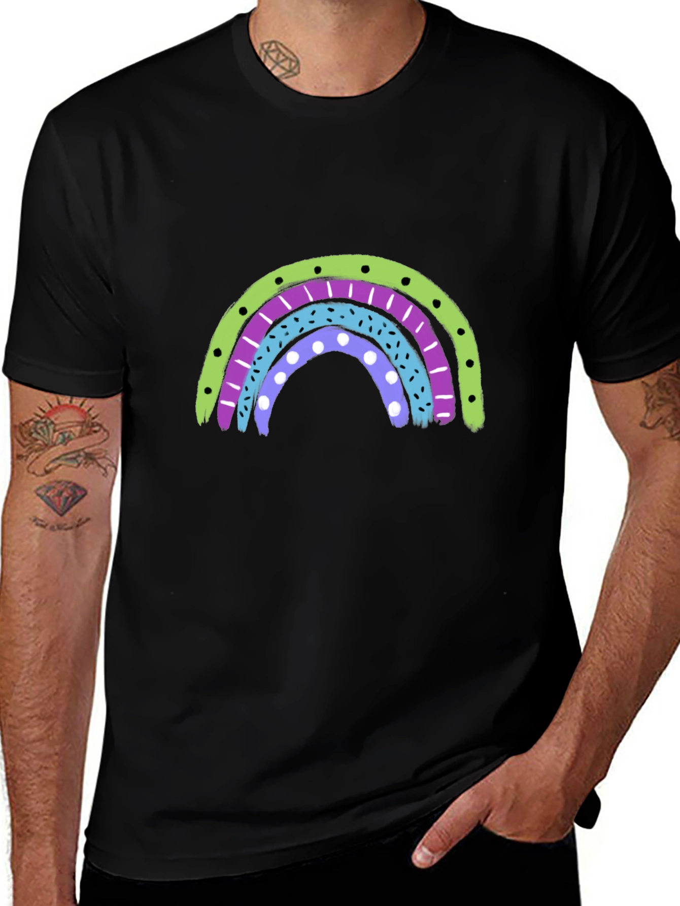 Retro Rainbow Graphic Tee - Black Cotton Blend Shirt