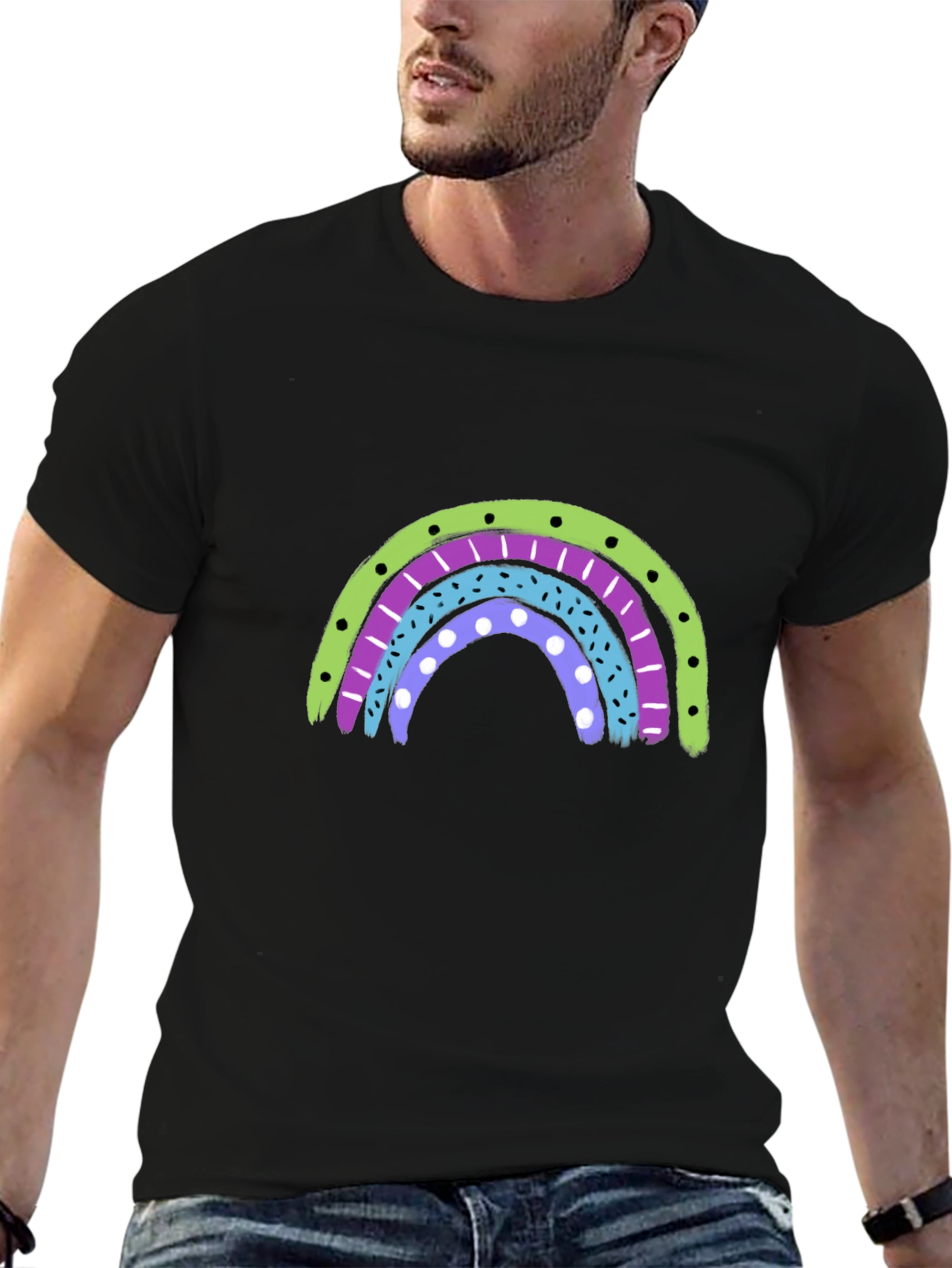 Retro Rainbow Graphic Tee - Black Cotton Blend Shirt