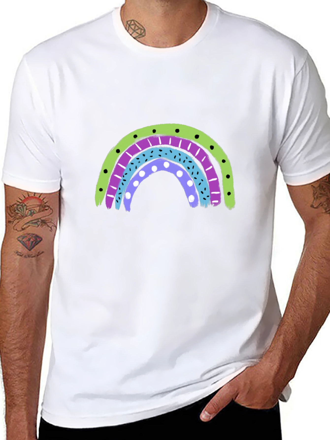 Retro Rainbow Graphic Tee - Black Cotton Blend Shirt