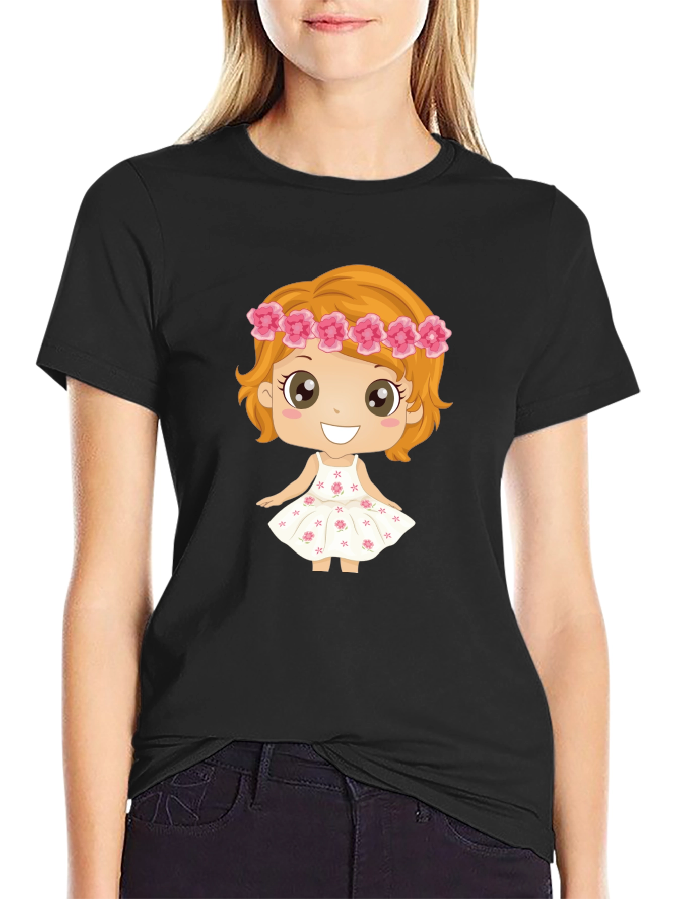 Cute Cartoon Girl Graphic Black T-Shirt