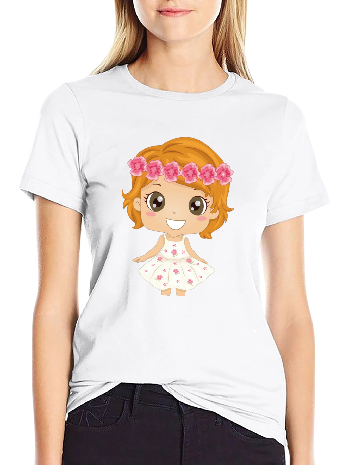 Cute Cartoon Girl Graphic Black T-Shirt