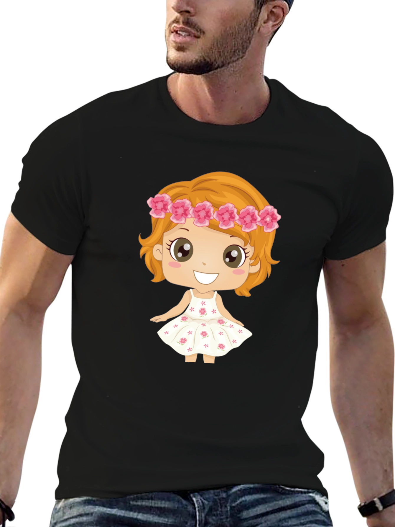 Cute Cartoon Girl Graphic Black T-Shirt