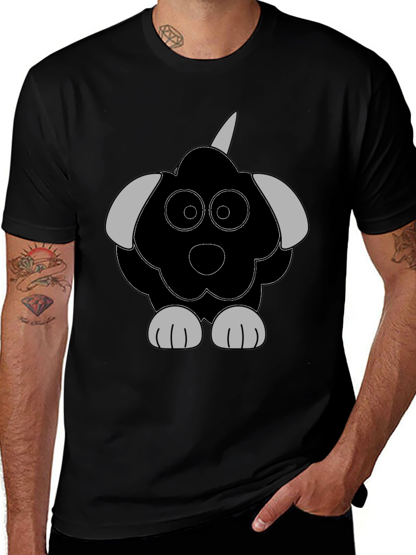 Cartoon Dog Graphic Tee - Casual Black T-Shirt
