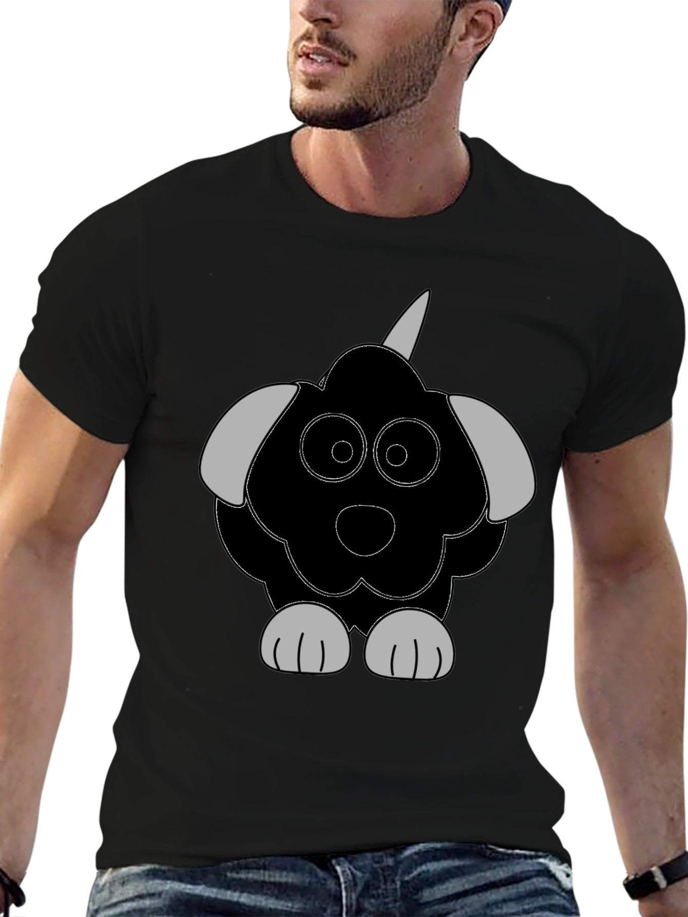 Cartoon Dog Graphic Tee - Casual Black T-Shirt