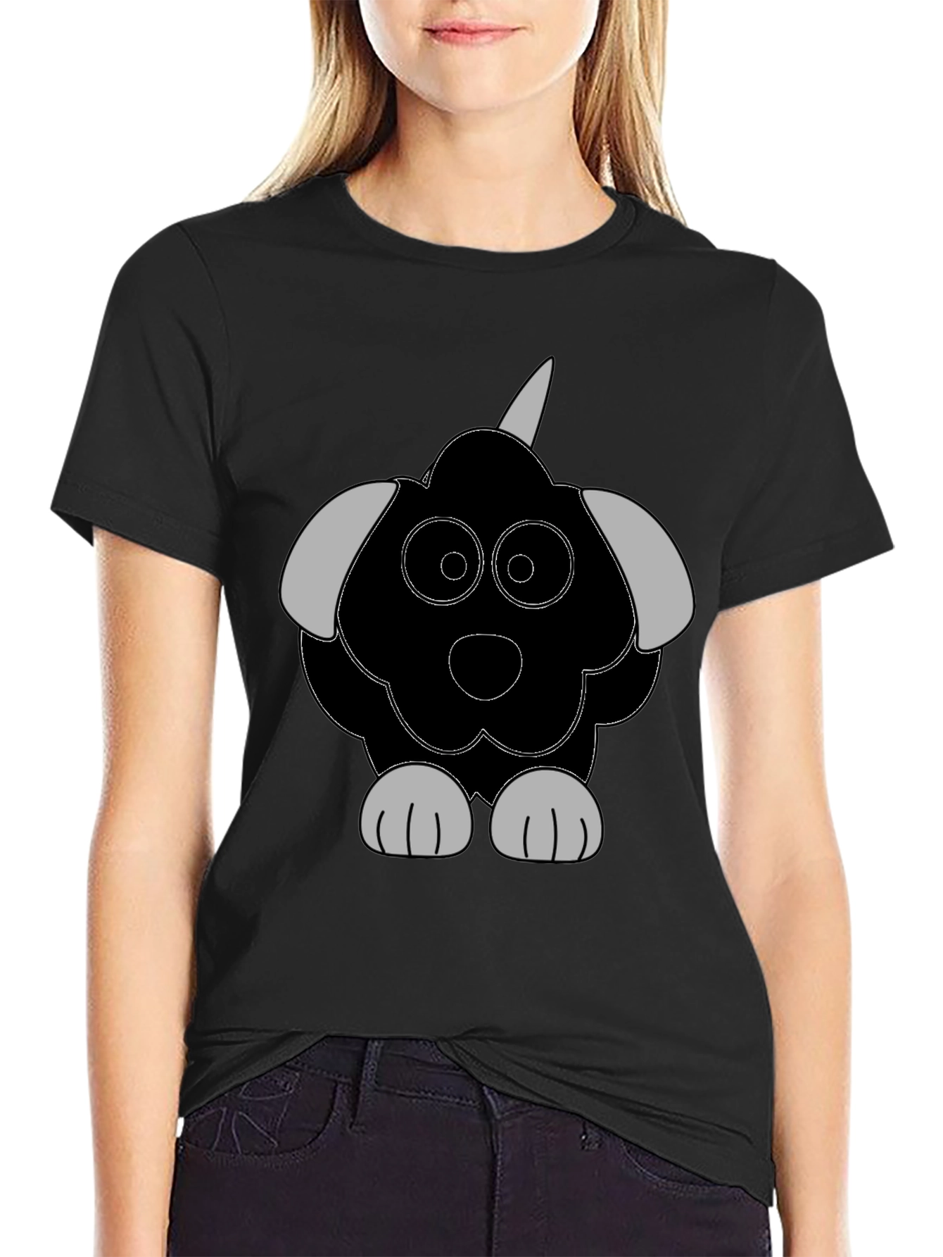 Cartoon Dog Graphic Tee - Casual Black T-Shirt
